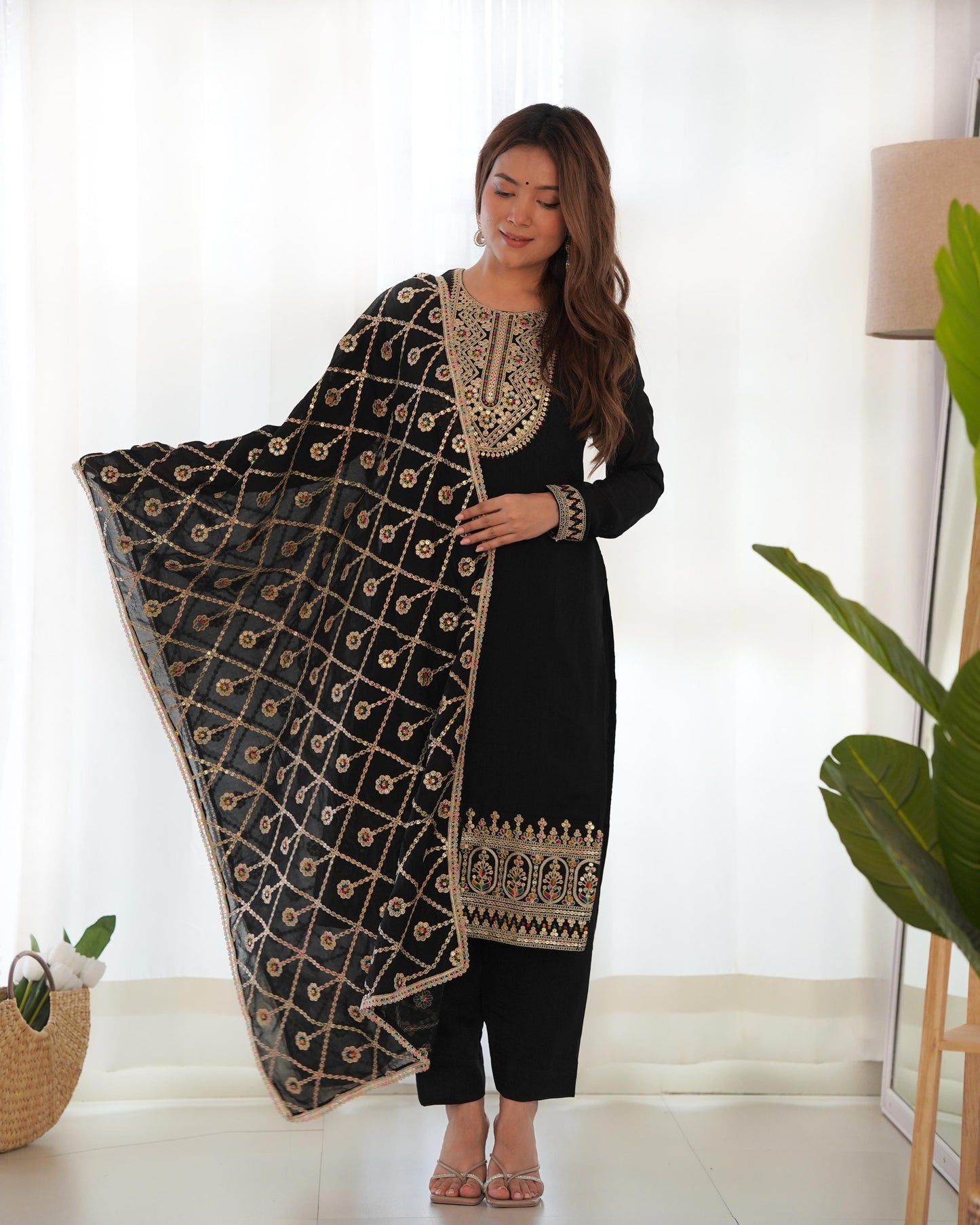 Black Blooming Vichitra Silk With Sequins Work 3Pc Kurta Set