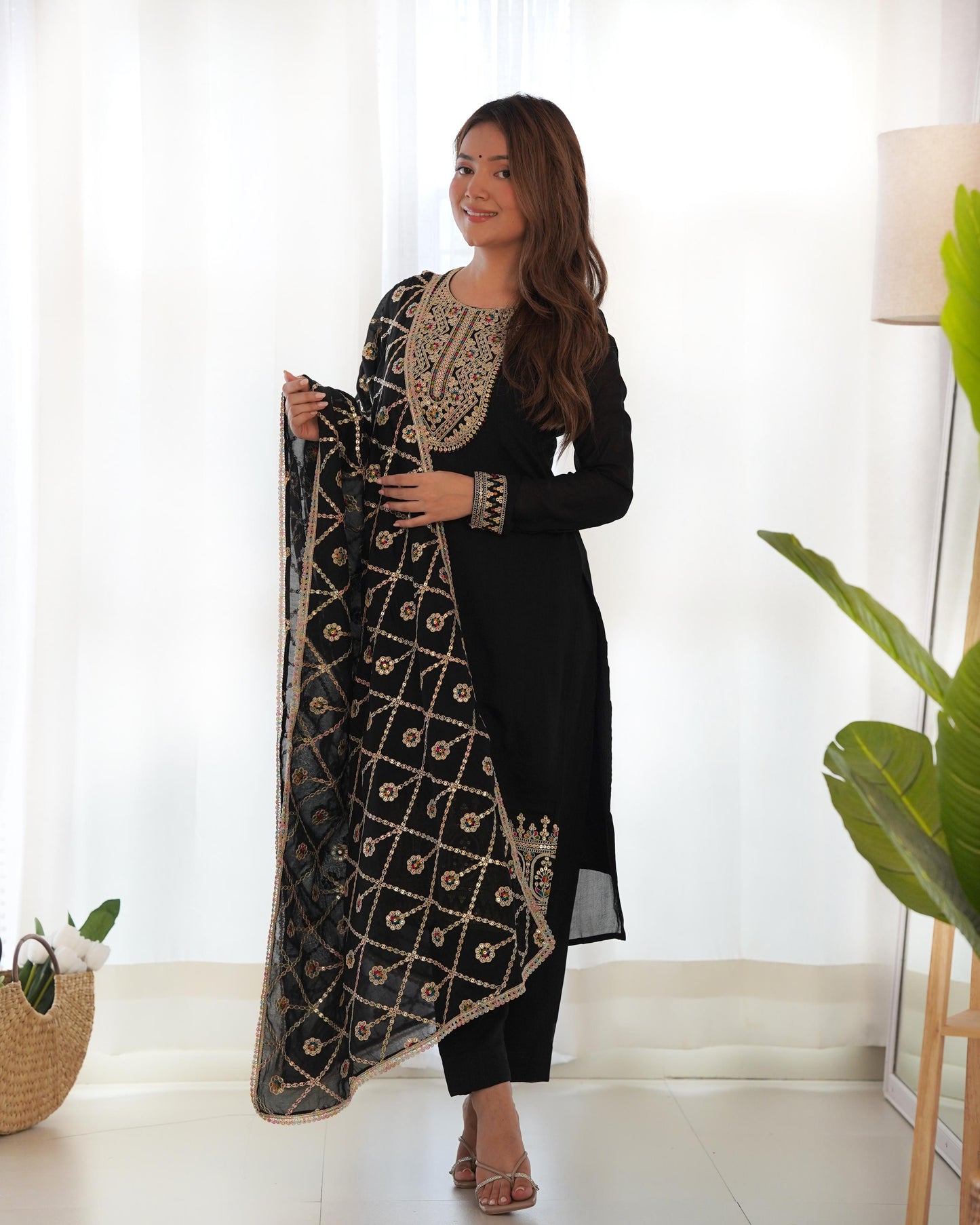 Black Blooming Vichitra Silk With Sequins Work 3Pc Kurta Set