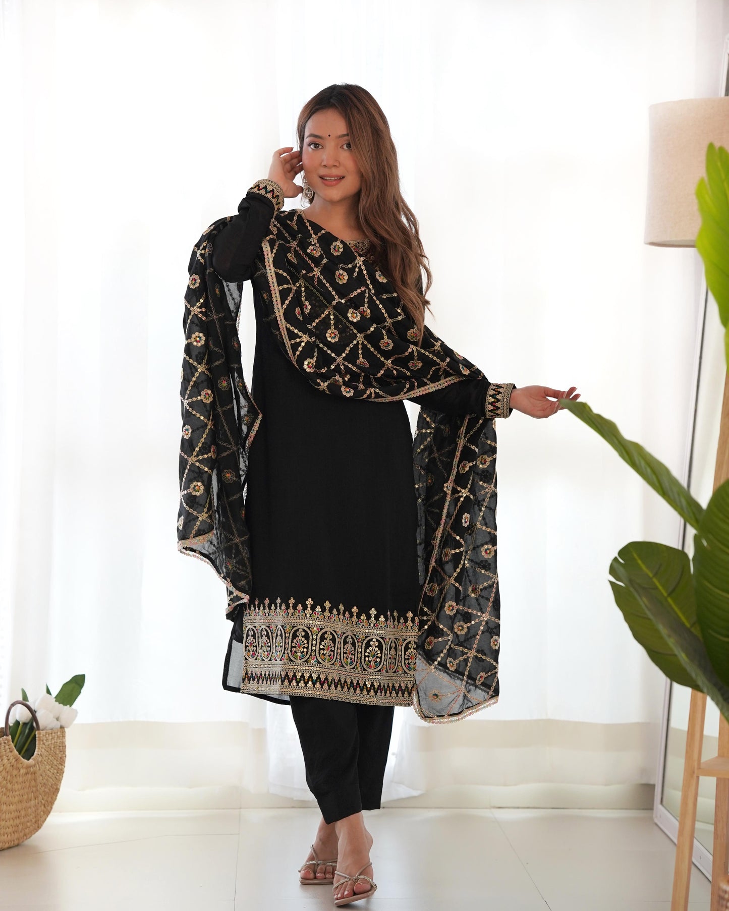Black Blooming Vichitra Silk With Sequins Work 3Pc Kurta Set