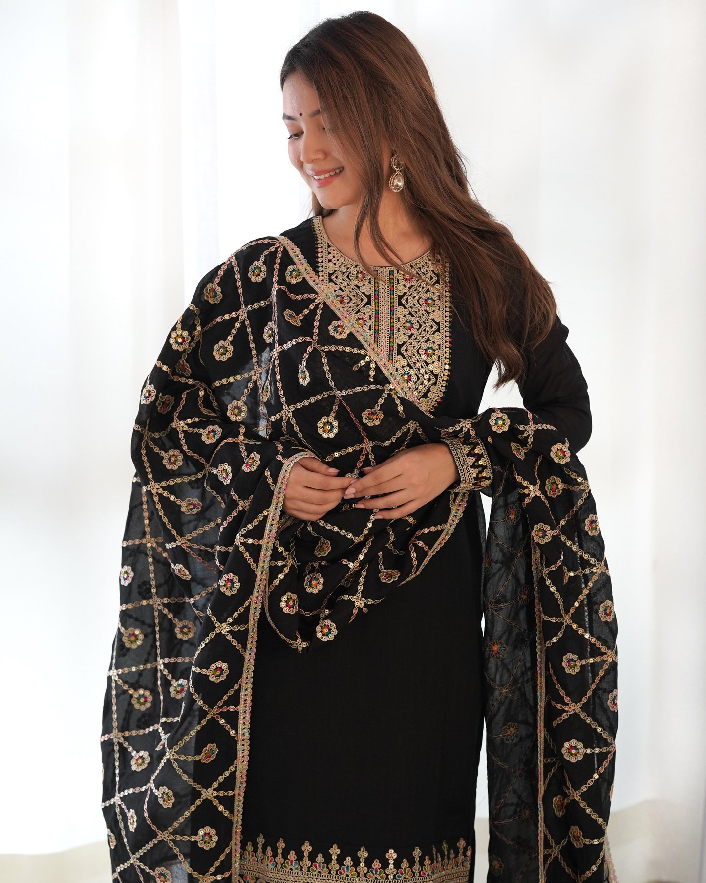 Black Blooming Vichitra Silk With Sequins Work 3Pc Kurta Set