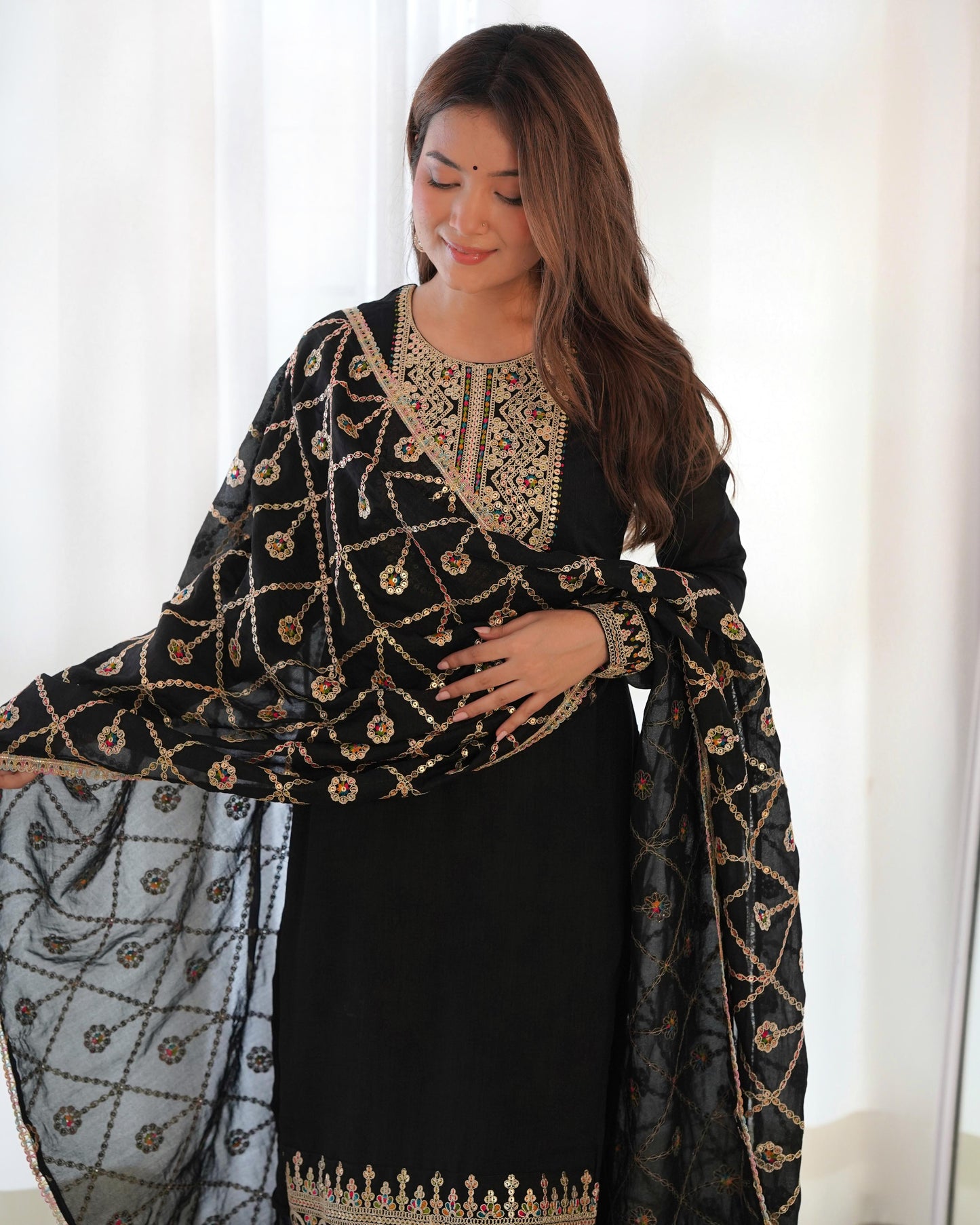 Black Blooming Vichitra Silk With Sequins Work 3Pc Kurta Set