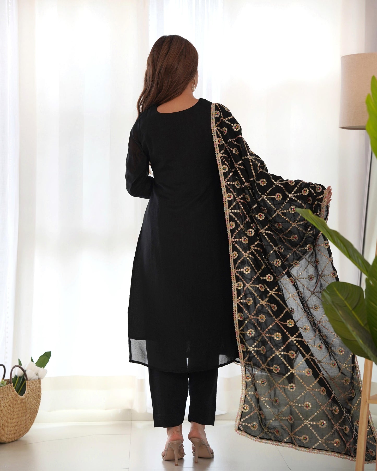 Black Blooming Vichitra Silk With Sequins Work 3Pc Kurta Set