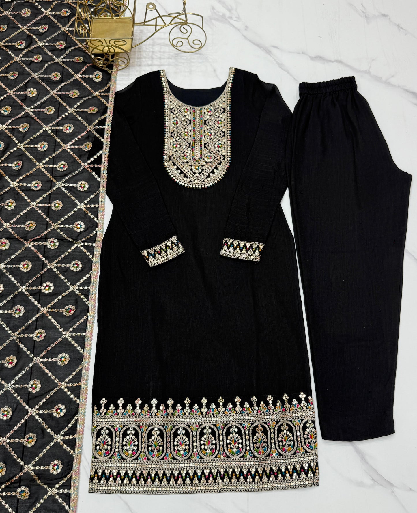 Black Blooming Vichitra Silk With Sequins Work 3Pc Kurta Set