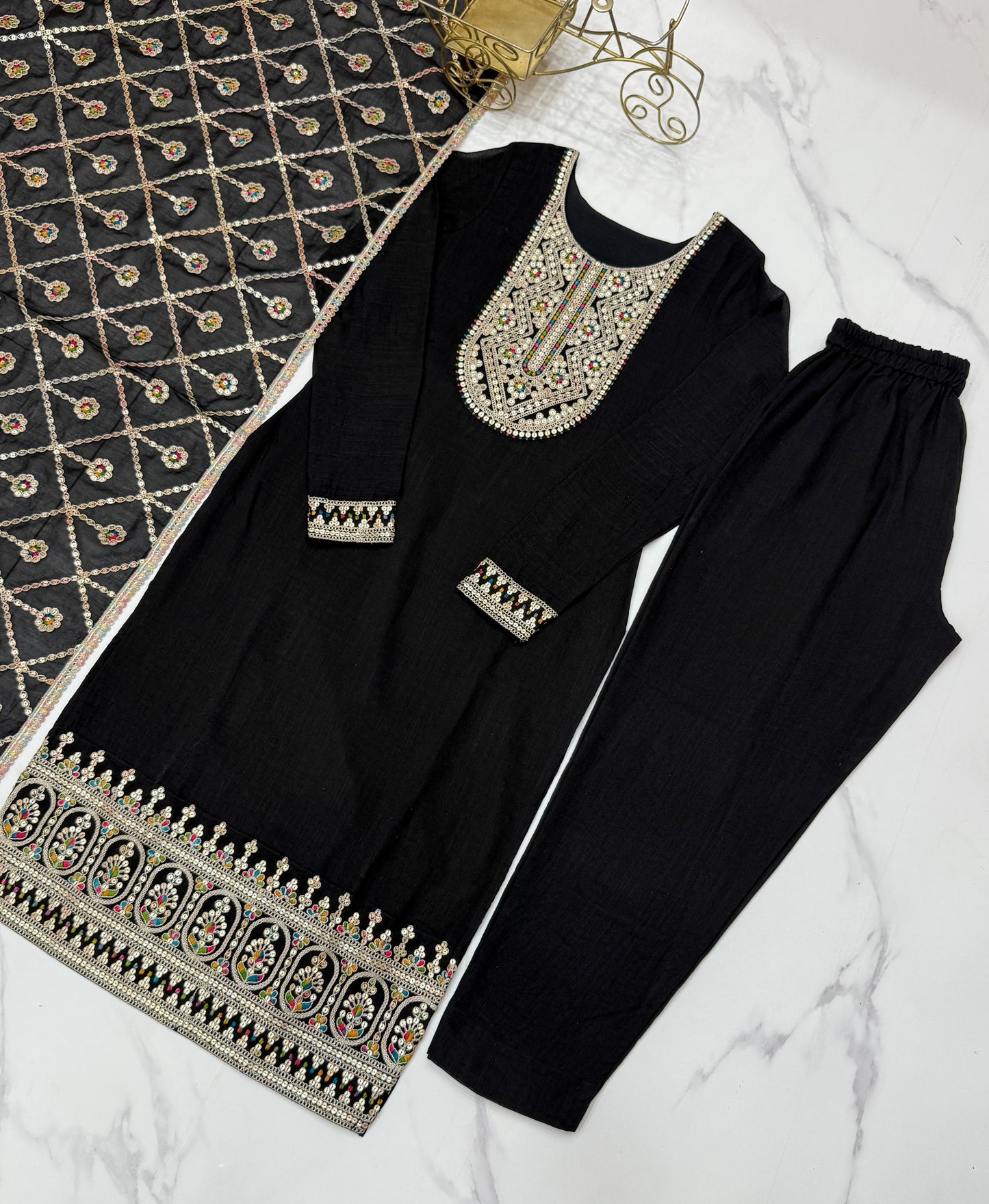 Black Blooming Vichitra Silk With Sequins Work 3Pc Kurta Set