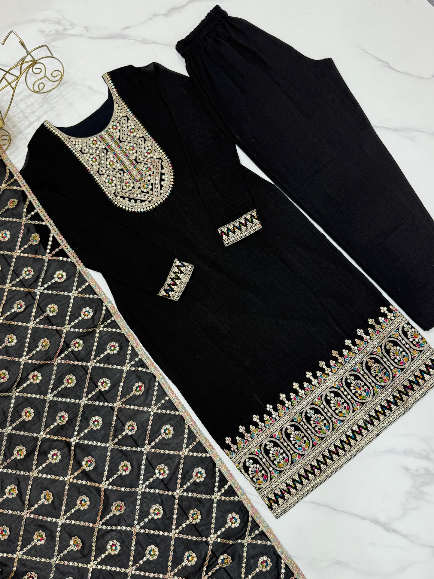 Black Blooming Vichitra Silk With Sequins Work 3Pc Kurta Set
