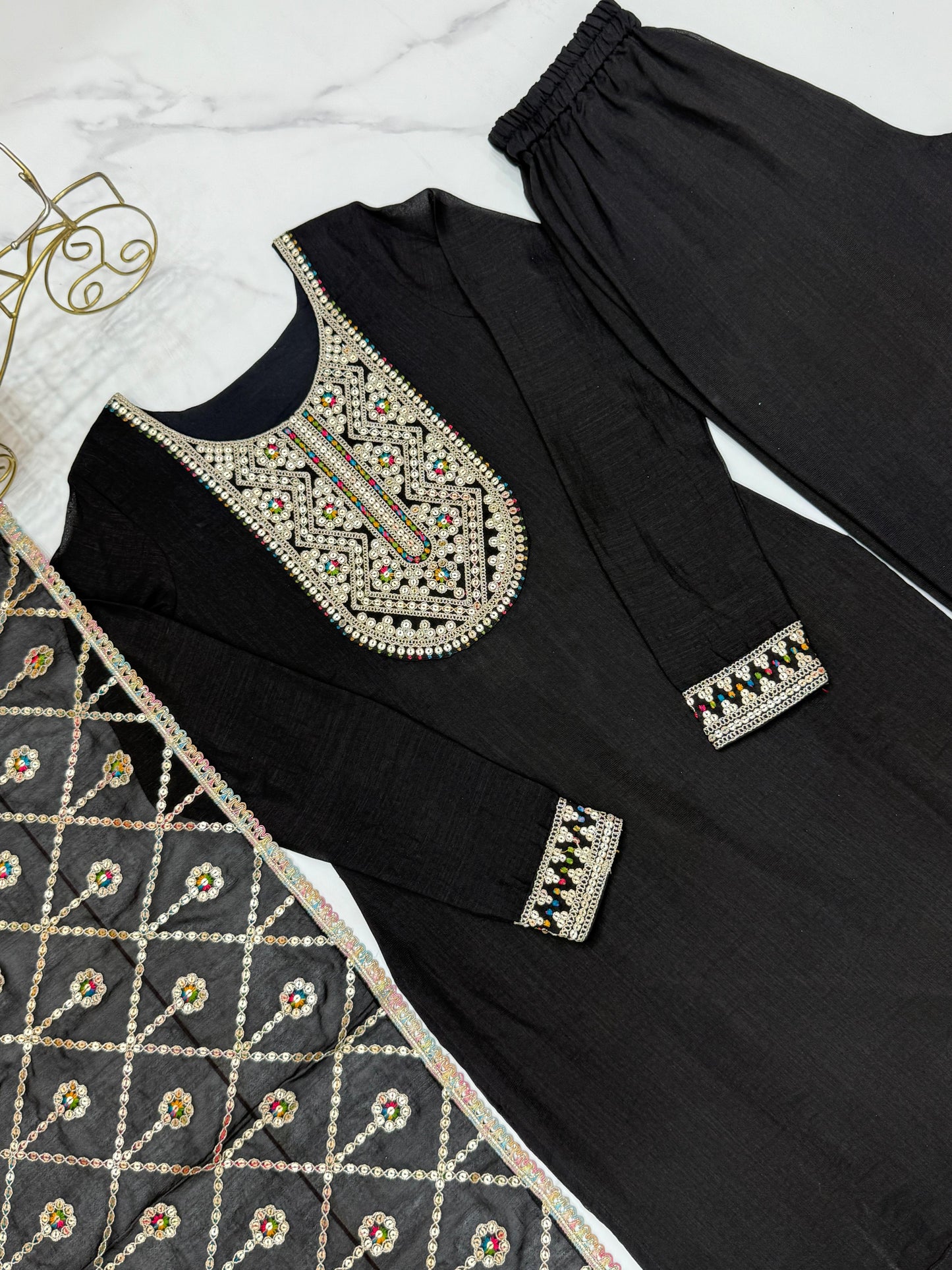 Black Blooming Vichitra Silk With Sequins Work 3Pc Kurta Set