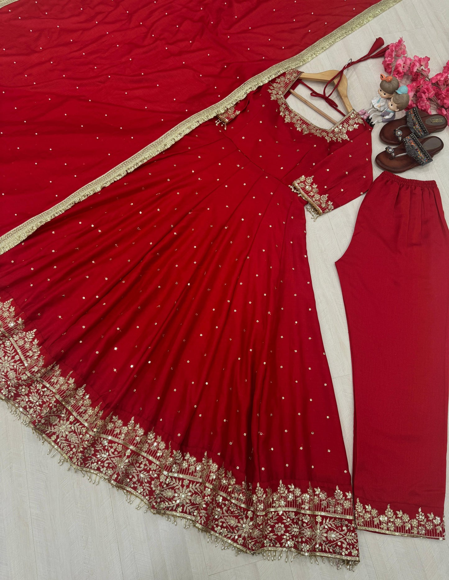Red Pure Vichitra Silk with Embroidery & 5mm Sequins Work 3pc Kurta Set