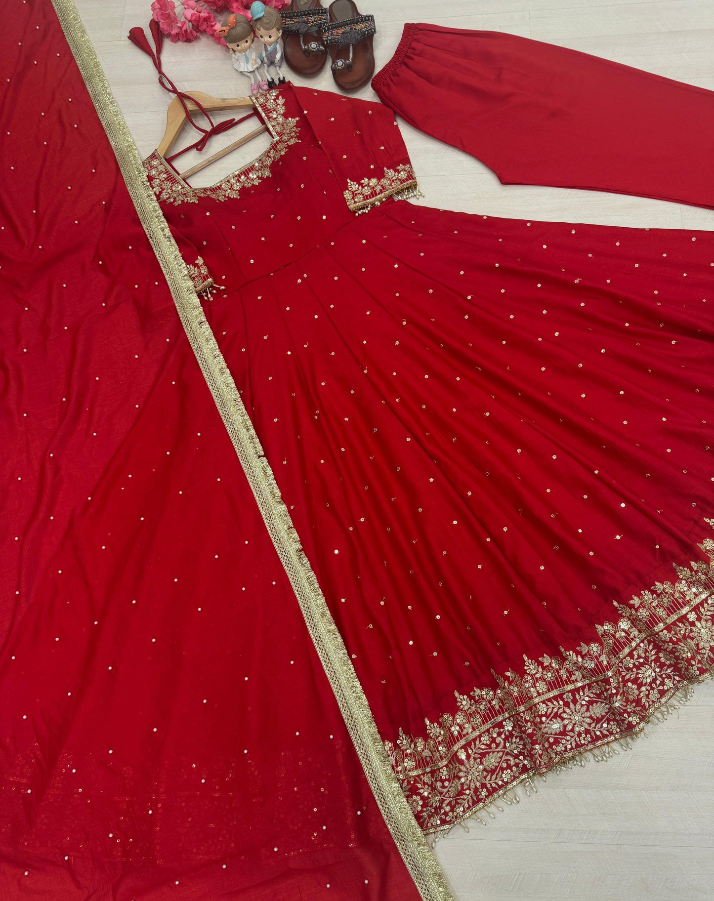 Red Pure Vichitra Silk with Embroidery & 5mm Sequins Work 3pc Kurta Set