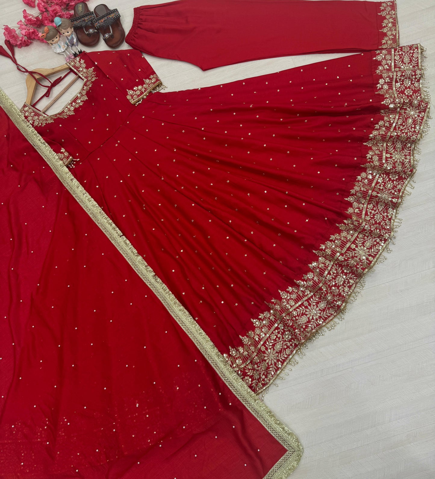 Red Pure Vichitra Silk with Embroidery & 5mm Sequins Work 3pc Kurta Set