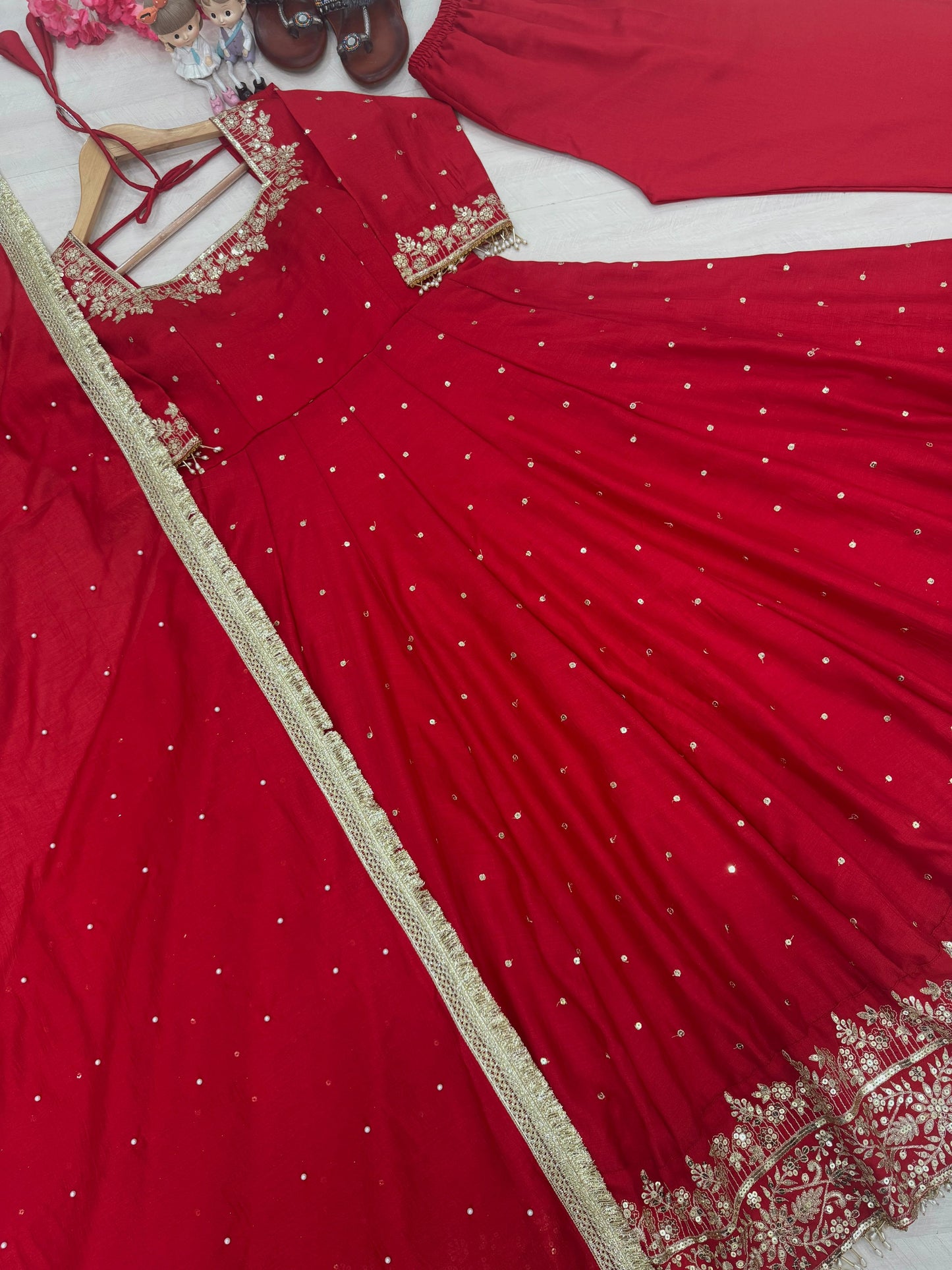 Red Pure Vichitra Silk with Embroidery & 5mm Sequins Work 3pc Kurta Set