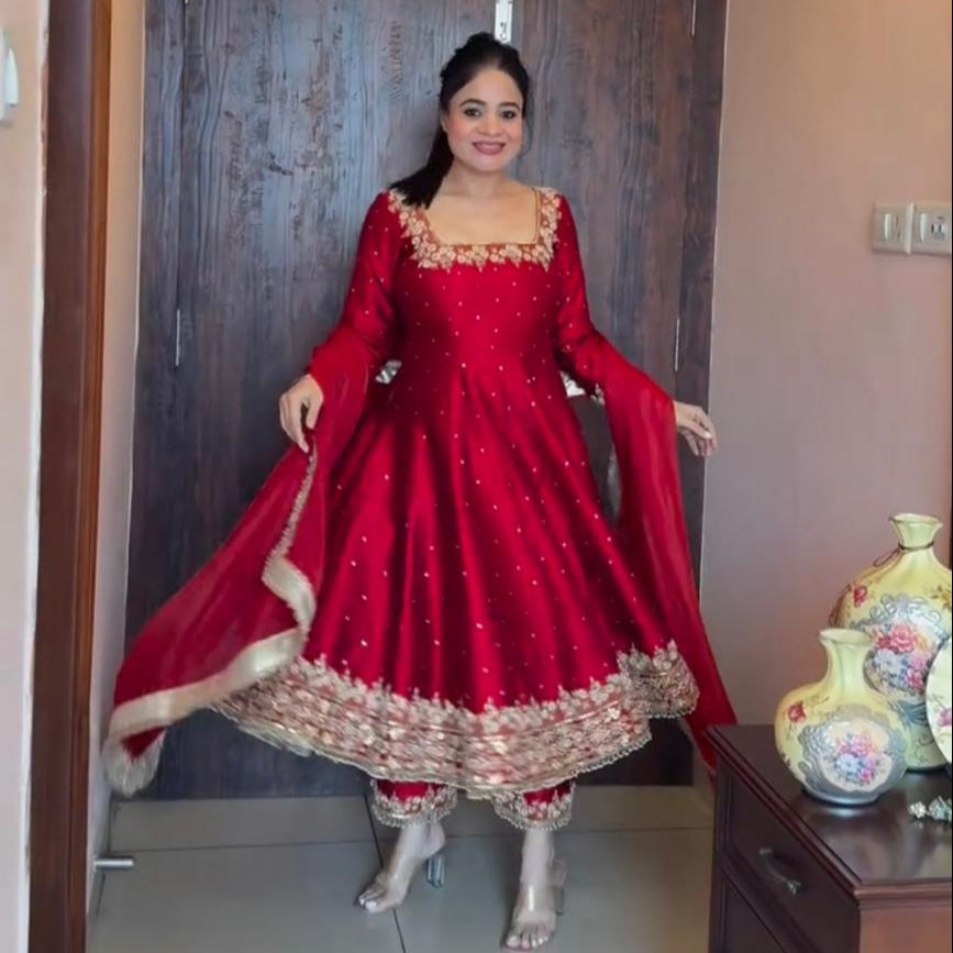 Red Pure Vichitra Silk with Embroidery & 5mm Sequins Work 3pc Kurta Set