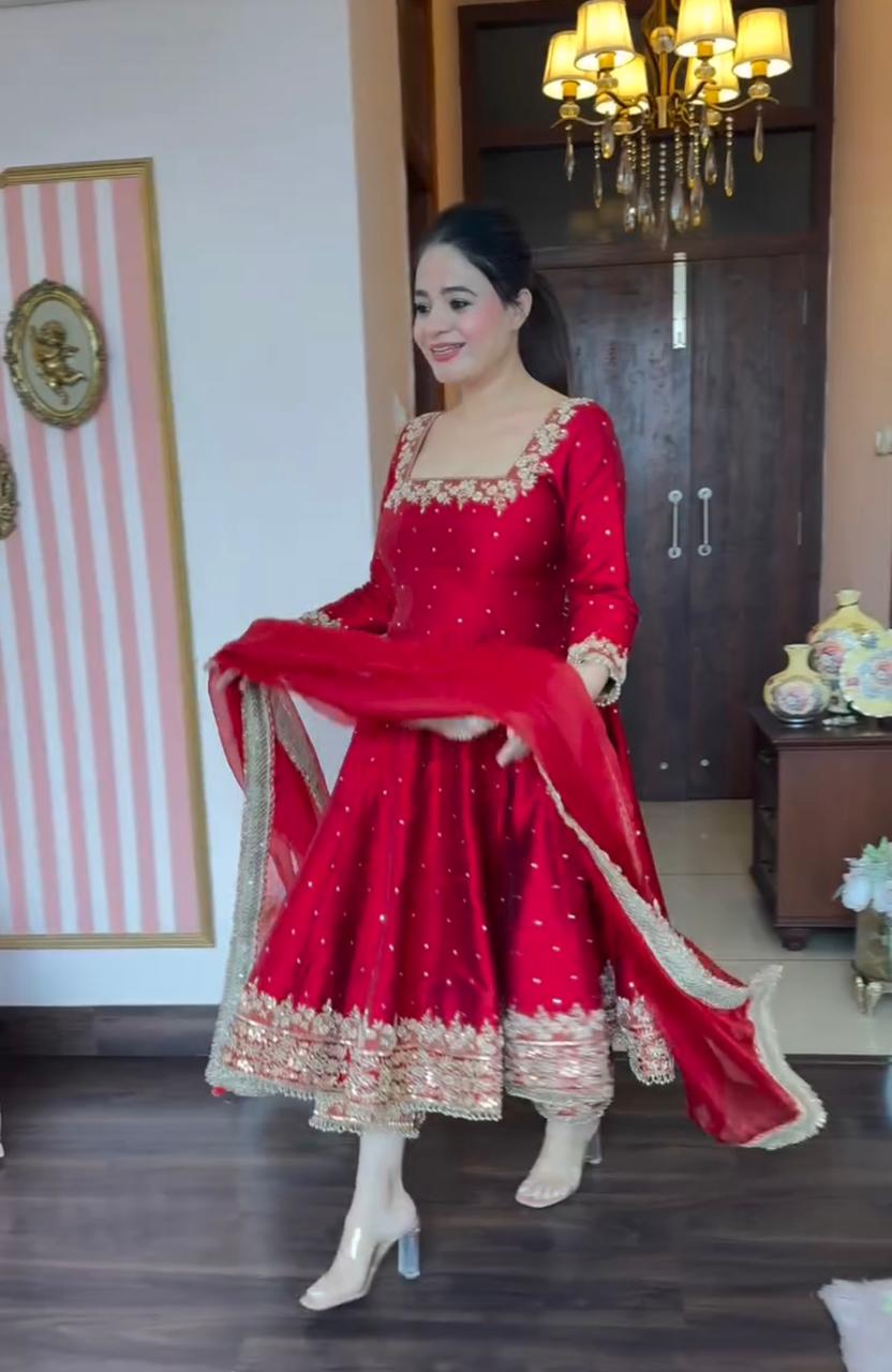 Red Pure Vichitra Silk with Embroidery & 5mm Sequins Work 3pc Kurta Set