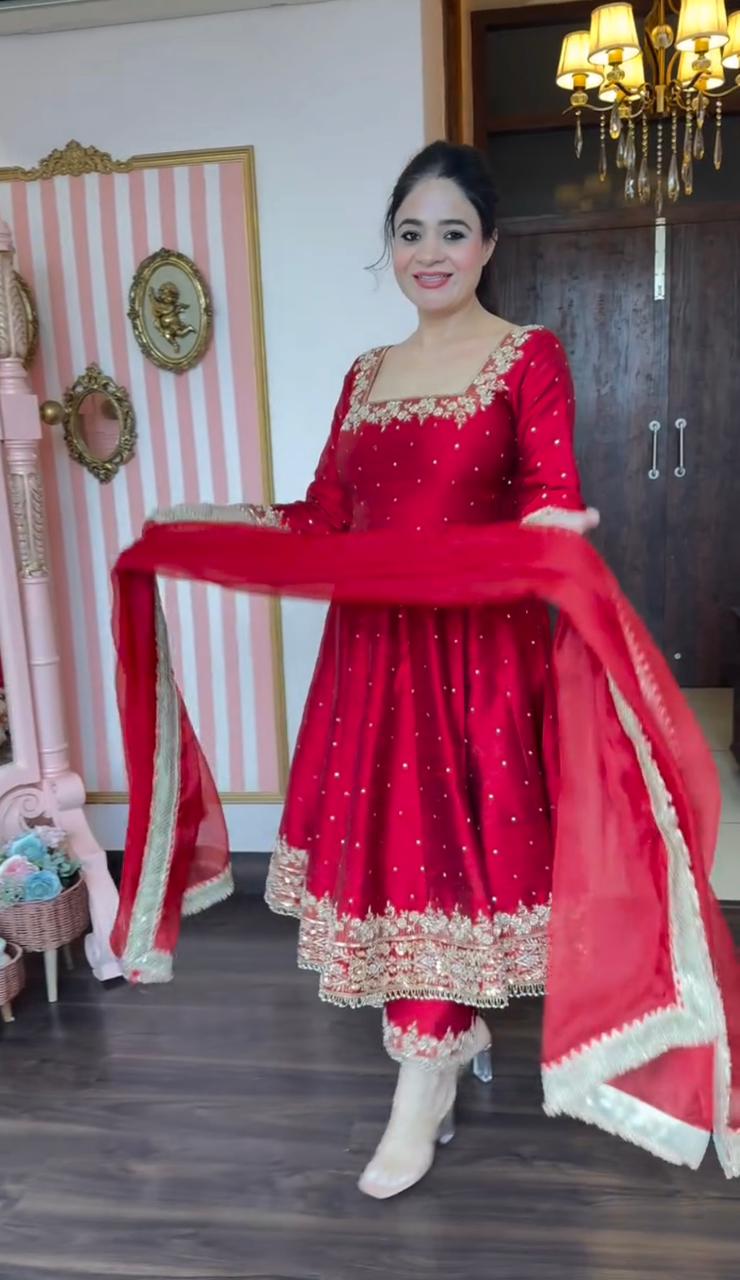 Red Pure Vichitra Silk with Embroidery & 5mm Sequins Work 3pc Kurta Set