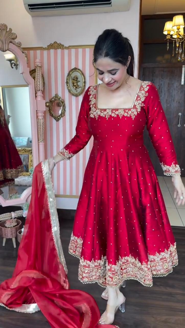 Red Pure Vichitra Silk with Embroidery & 5mm Sequins Work 3pc Kurta Set