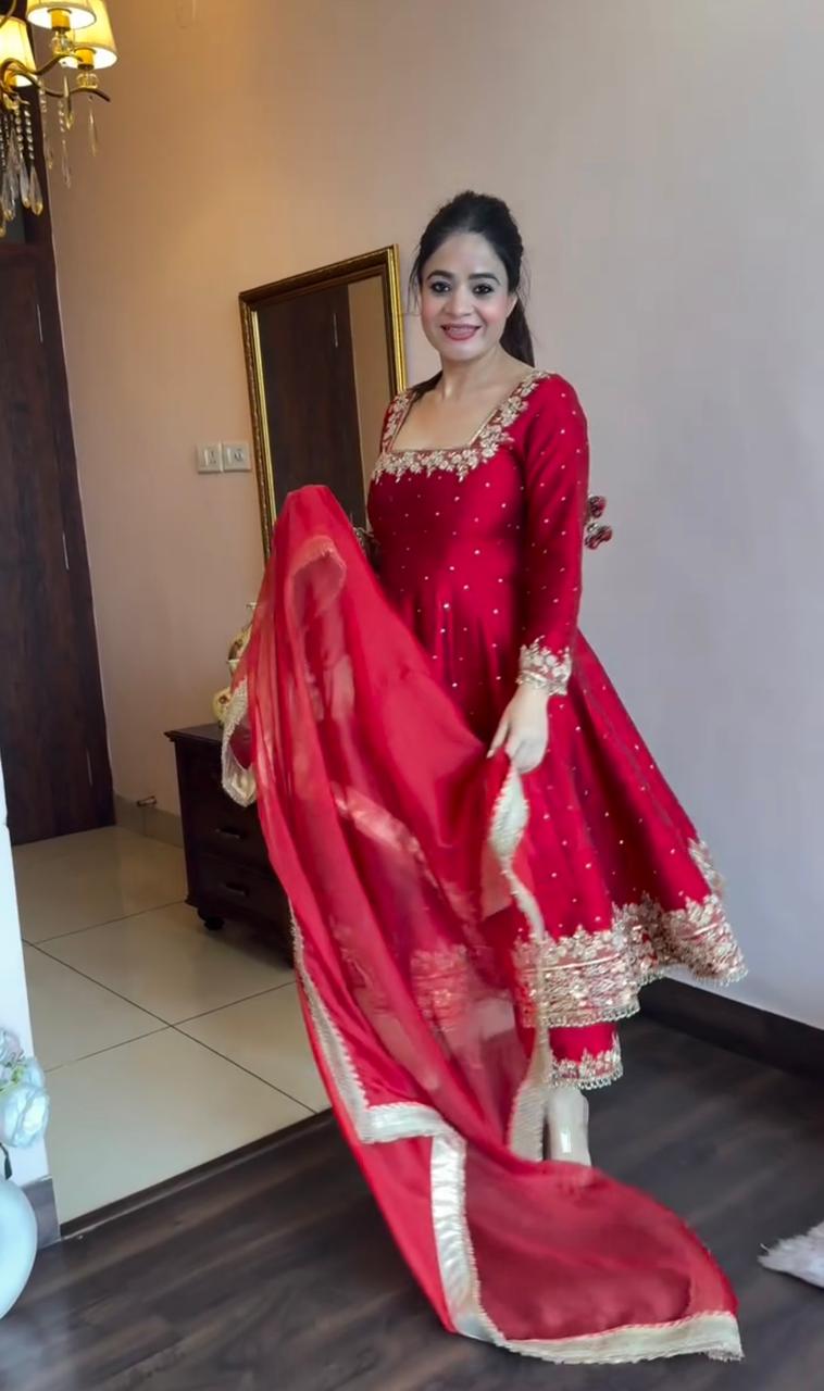 Red Pure Vichitra Silk with Embroidery & 5mm Sequins Work 3pc Kurta Set