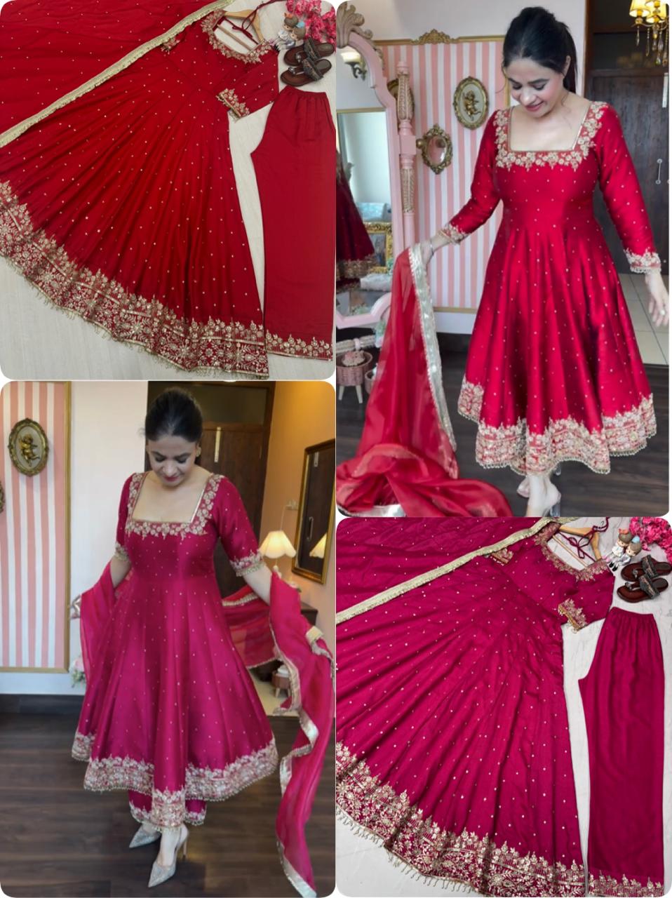Red Pure Vichitra Silk with Embroidery & 5mm Sequins Work 3pc Kurta Set