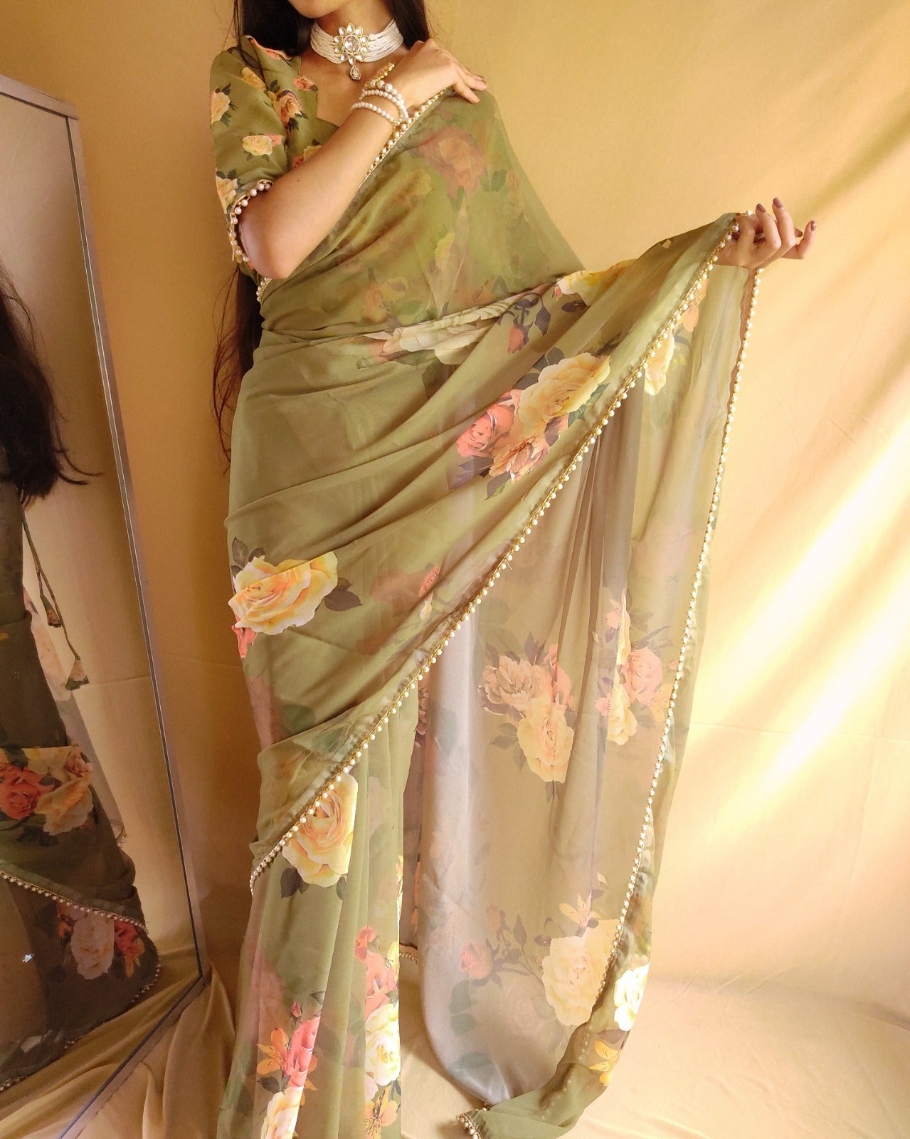 Mehendi Georgette With Pearl Lace Border Floral Print Saree