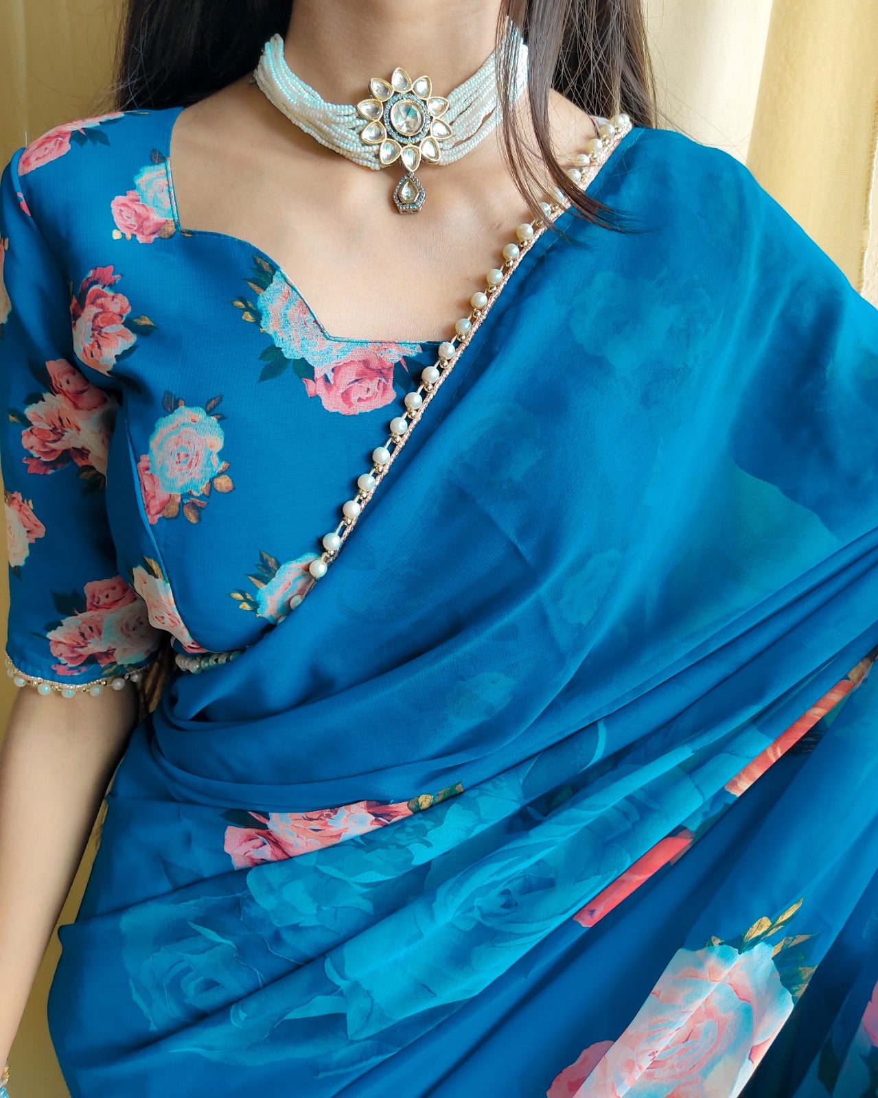 Firozi Georgette With Pearl Lace Border Floral Print Saree