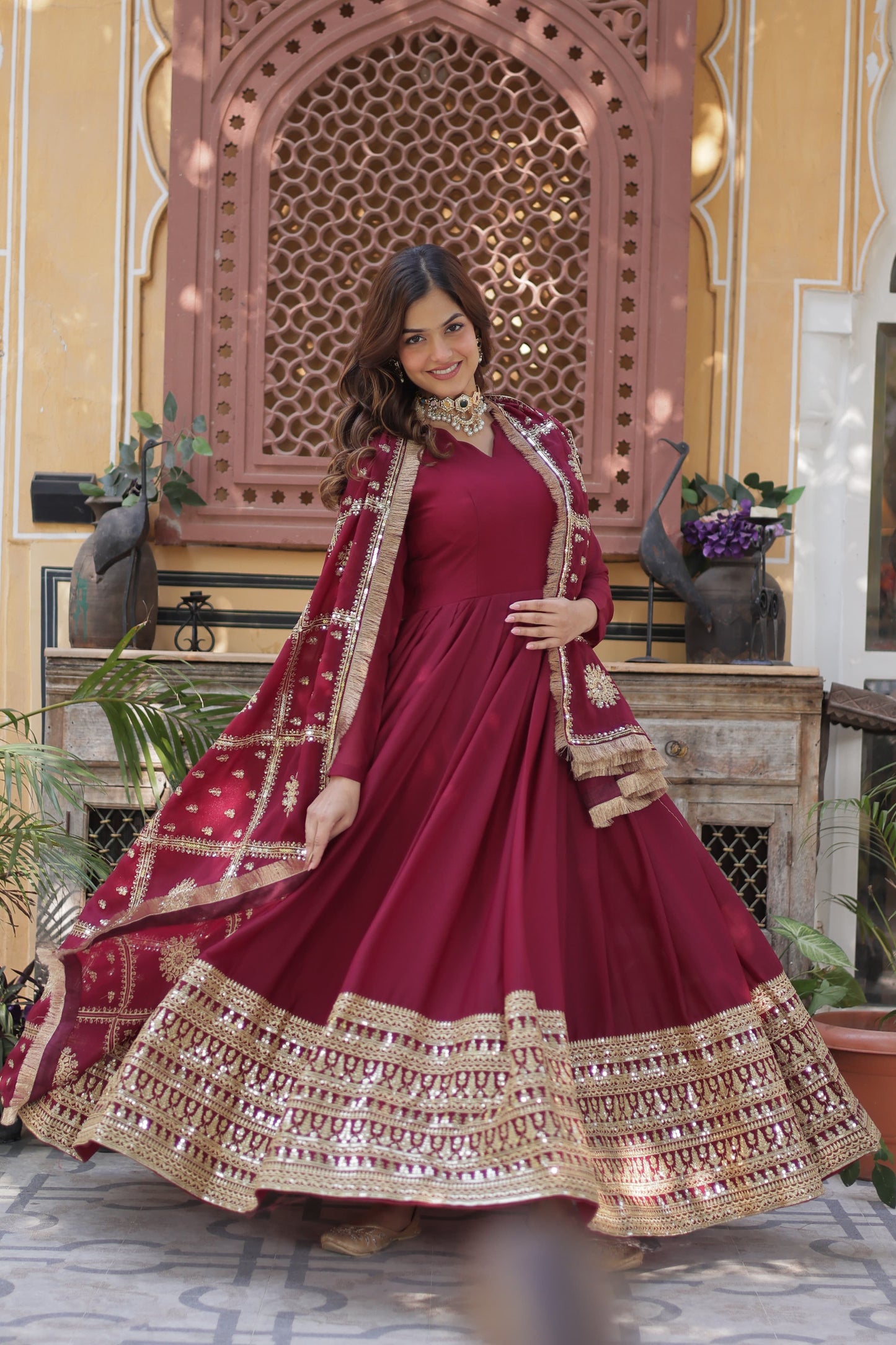 Black Star Georgette Zari and Sequins Work Gown With Embroidered Dupatta