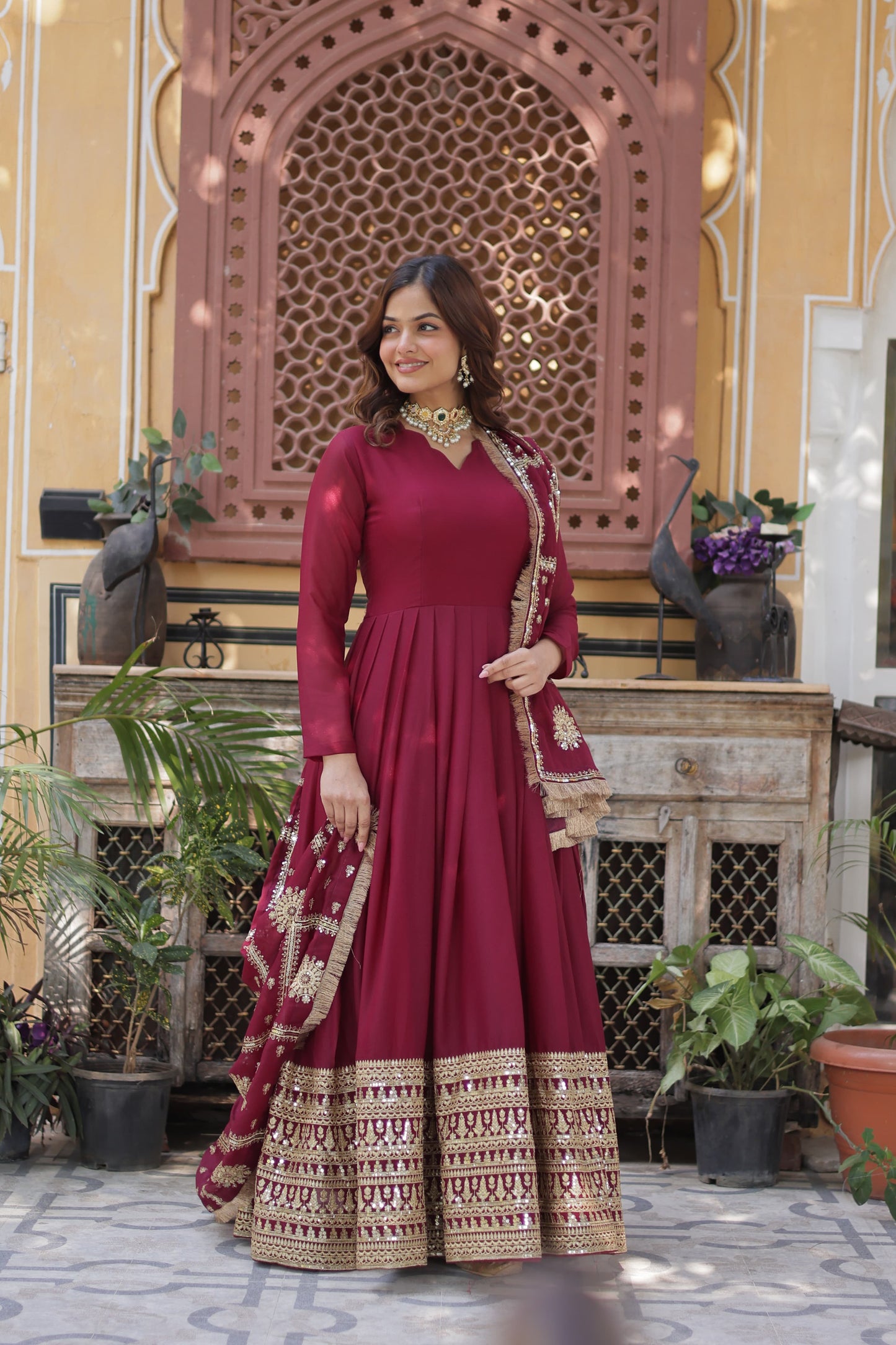 Black Star Georgette Zari and Sequins Work Gown With Embroidered Dupatta