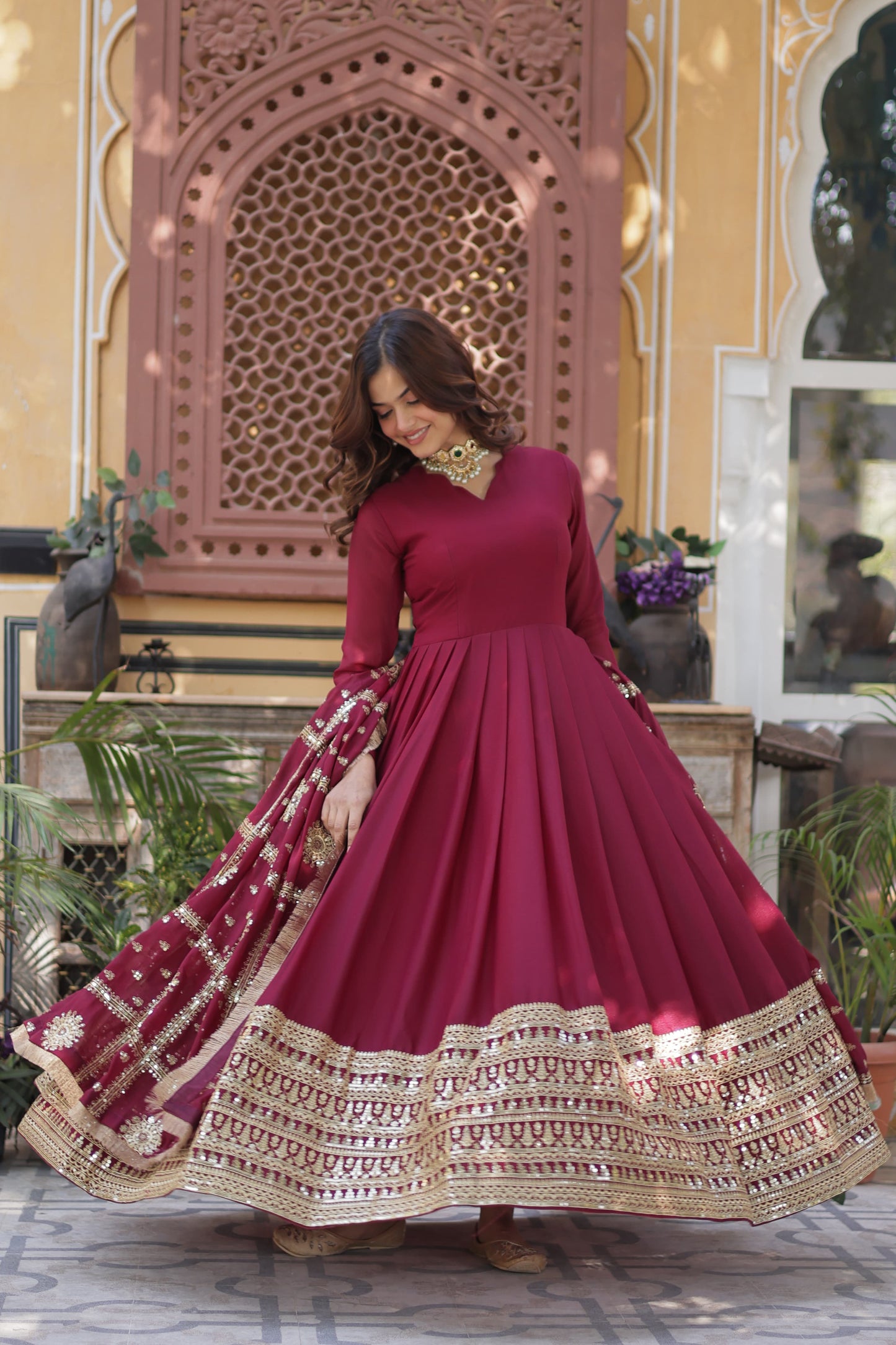 Black Star Georgette Zari and Sequins Work Gown With Embroidered Dupatta