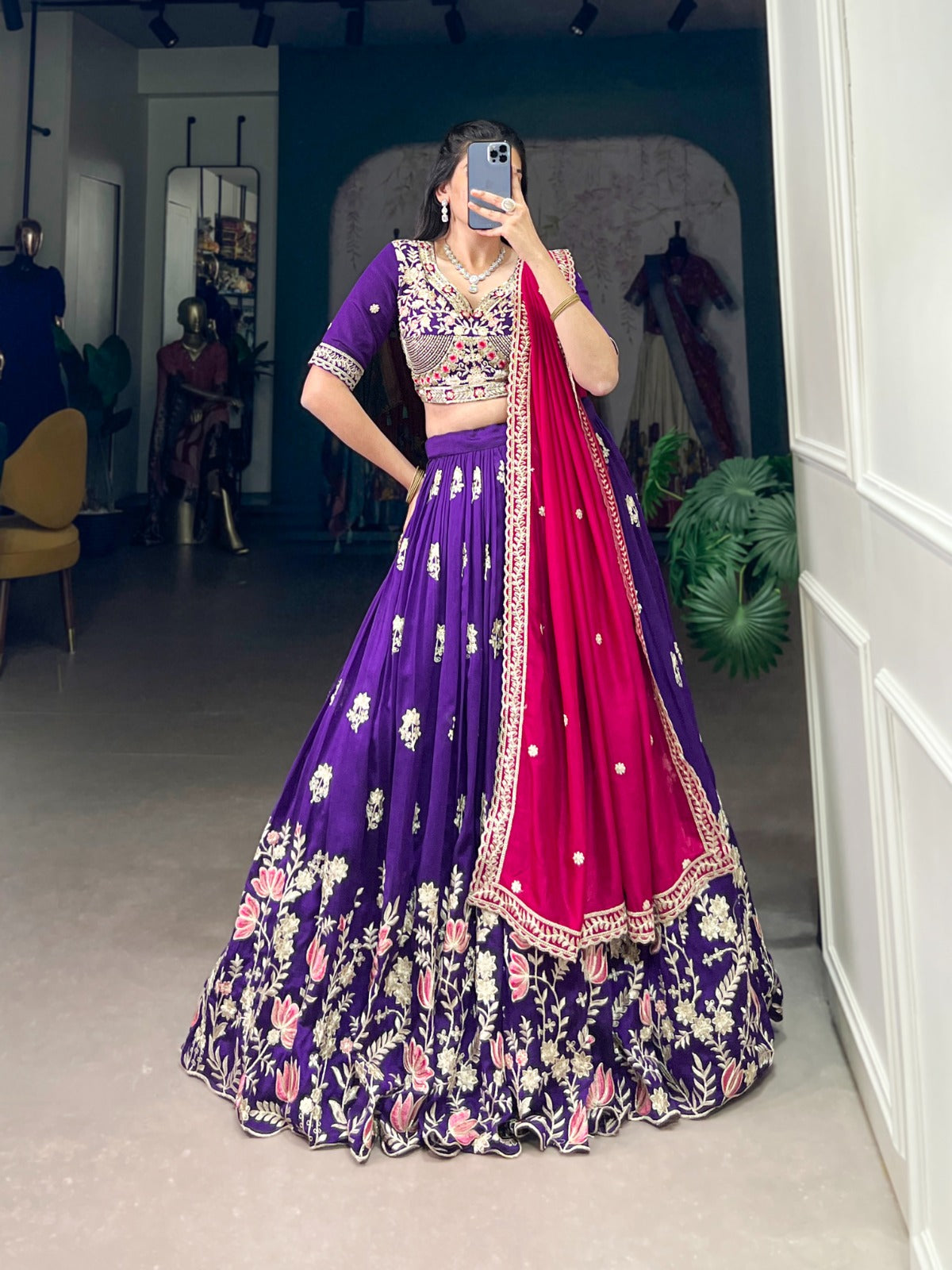 Purple Vichitra Silk Sequins Thread Embroidery Work Lehenga