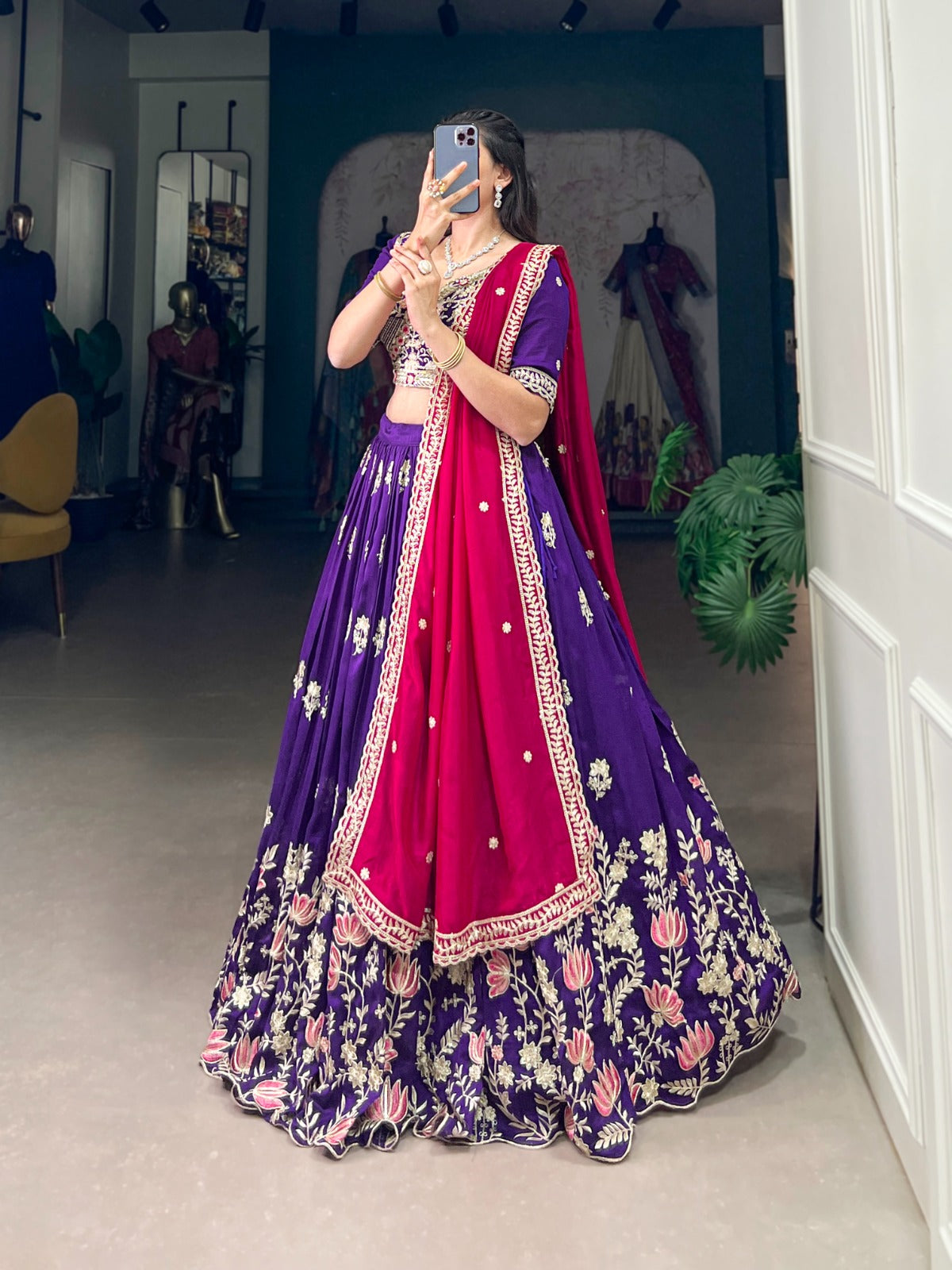 Purple Vichitra Silk Sequins Thread Embroidery Work Lehenga