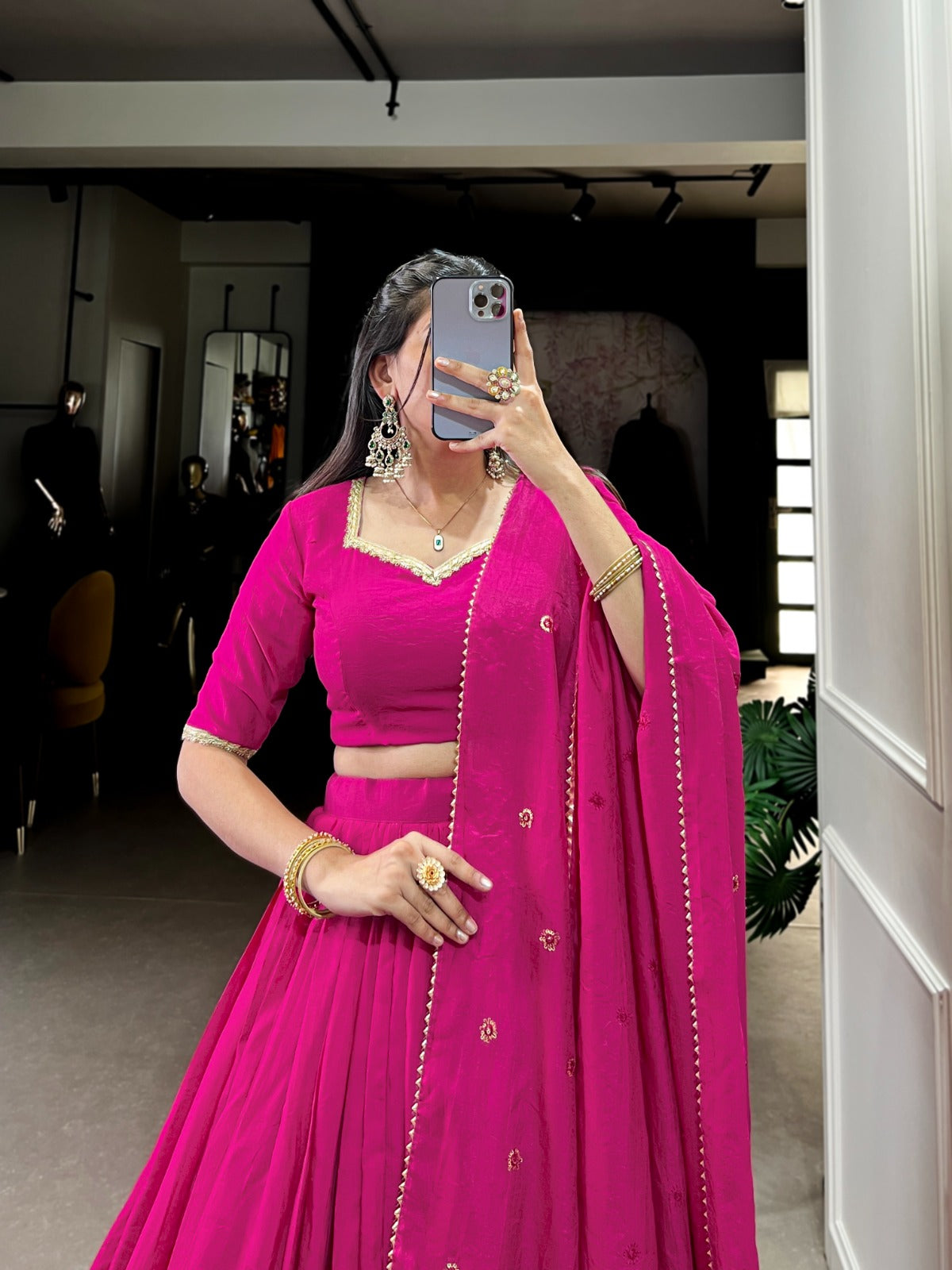 Pink Chanderi Zari Border Lehenga