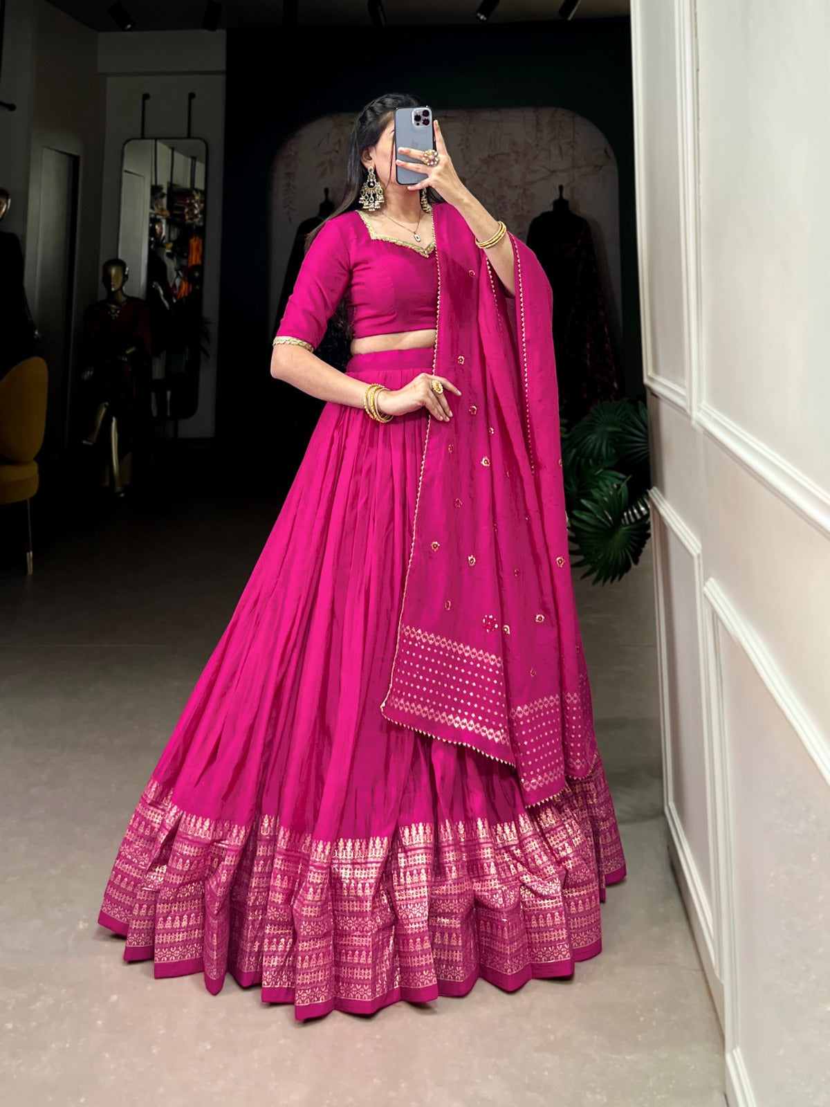 Pink Chanderi Zari Border Lehenga