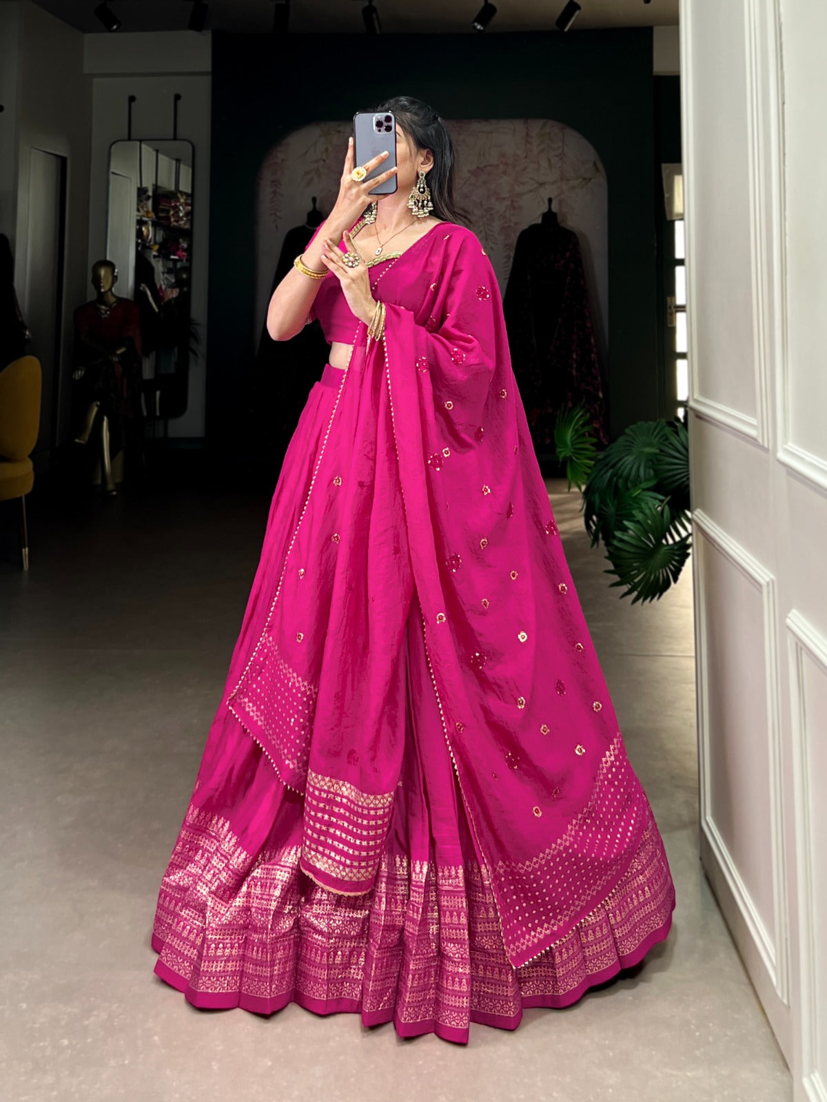 Pink Chanderi Zari Border Lehenga