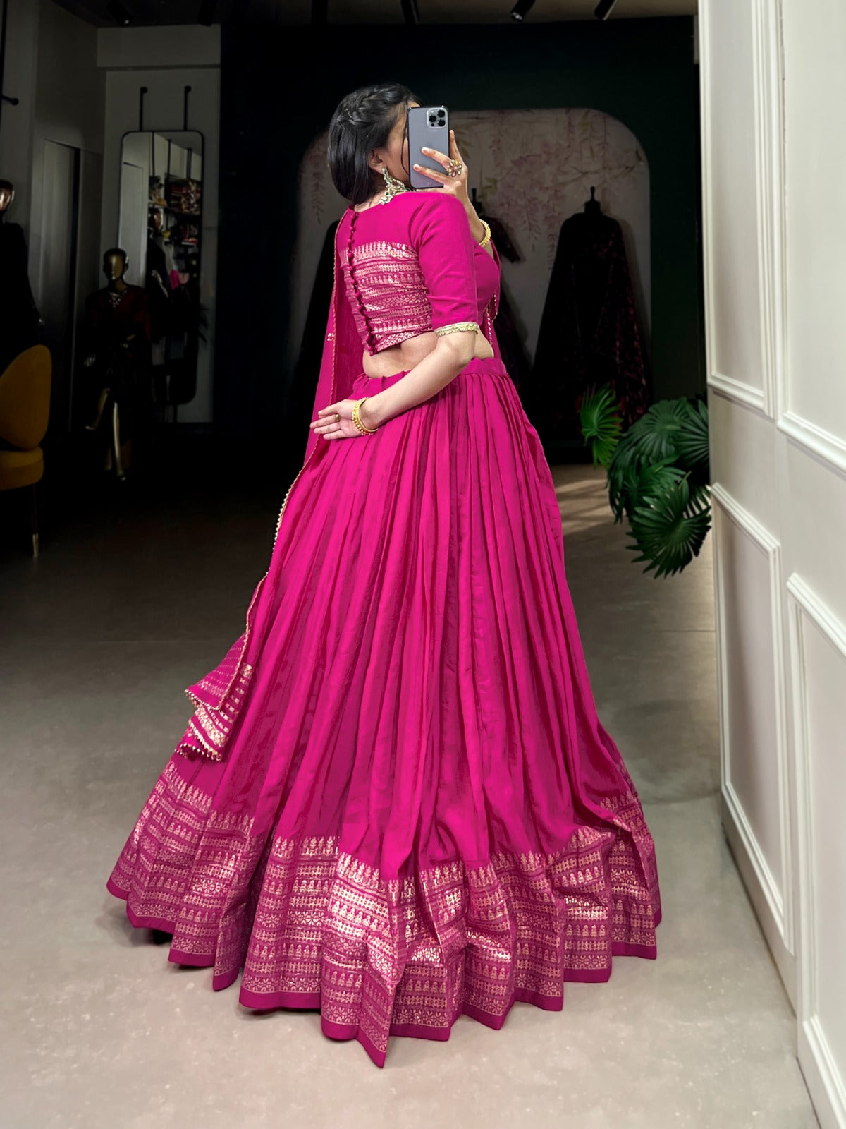 Pink Chanderi Zari Border Lehenga