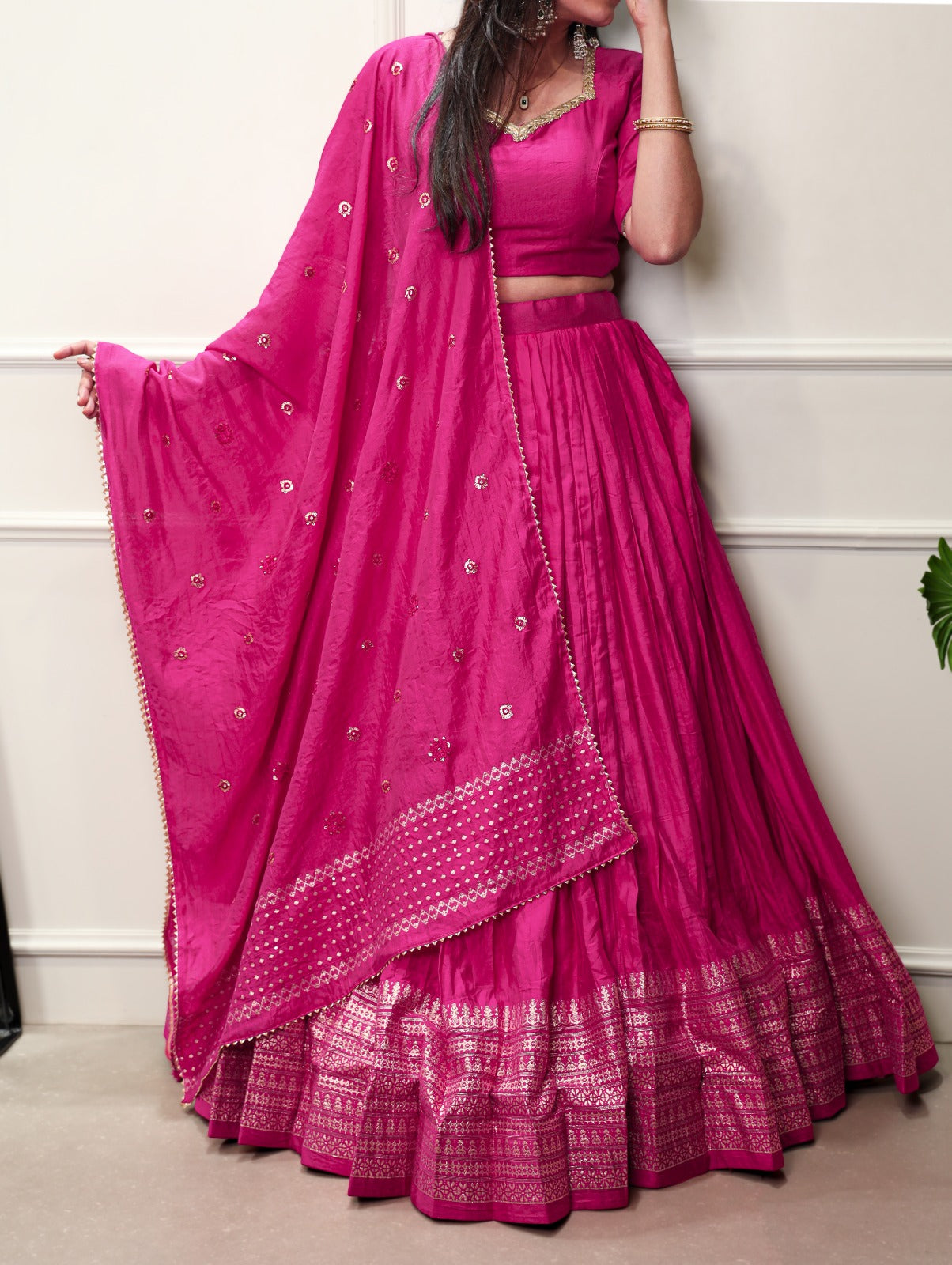 Pink Chanderi Zari Border Lehenga
