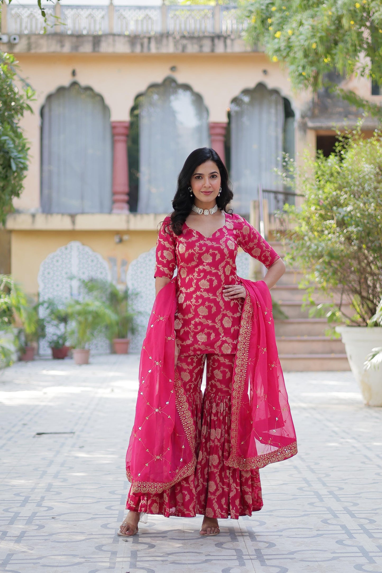 Rani Viscose Georgette Jacquard Gharara Suit With Dupatta