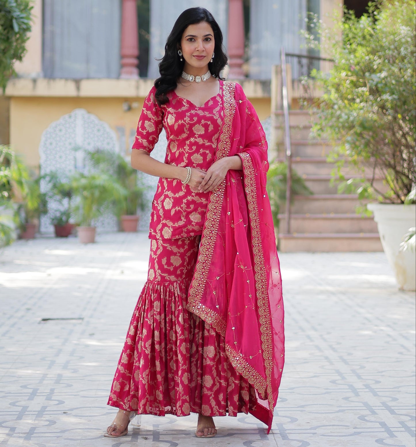 Rani Viscose Georgette Jacquard Gharara Suit With Dupatta