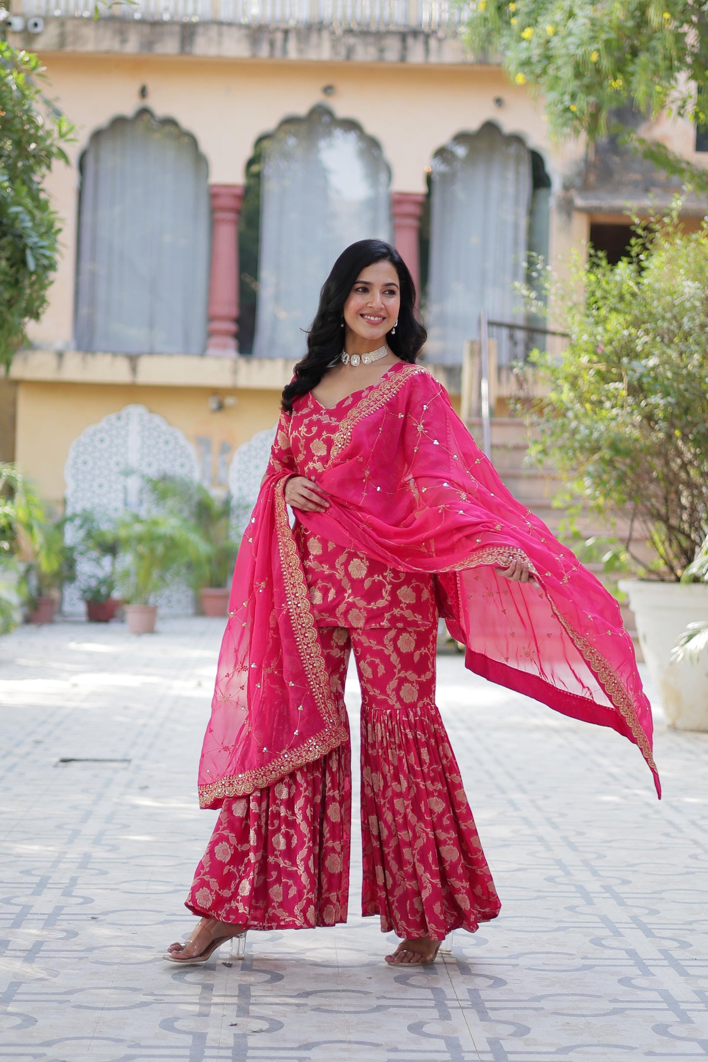 Rani Viscose Georgette Jacquard Gharara Suit With Dupatta