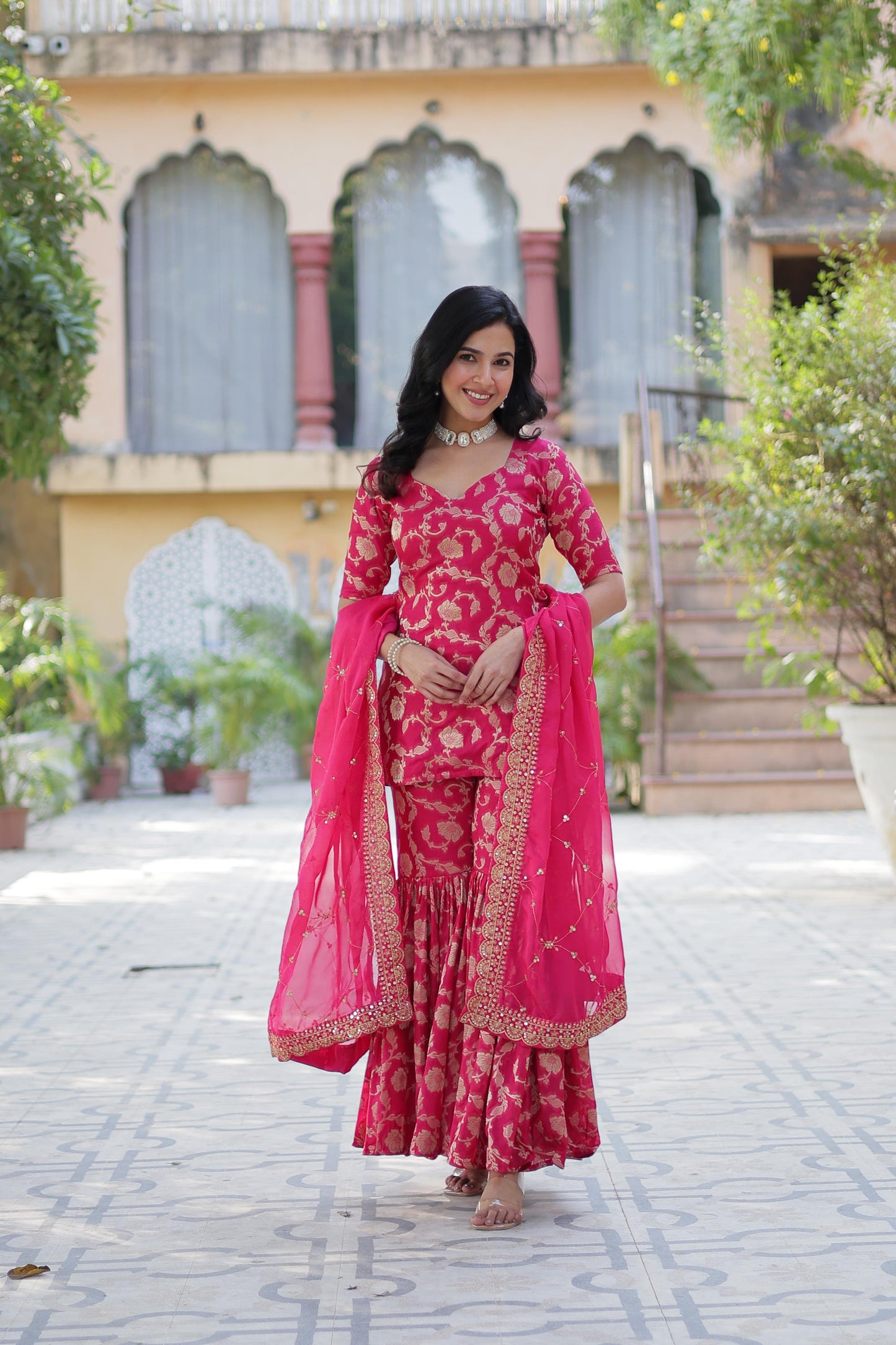 Rani Viscose Georgette Jacquard Gharara Suit With Dupatta