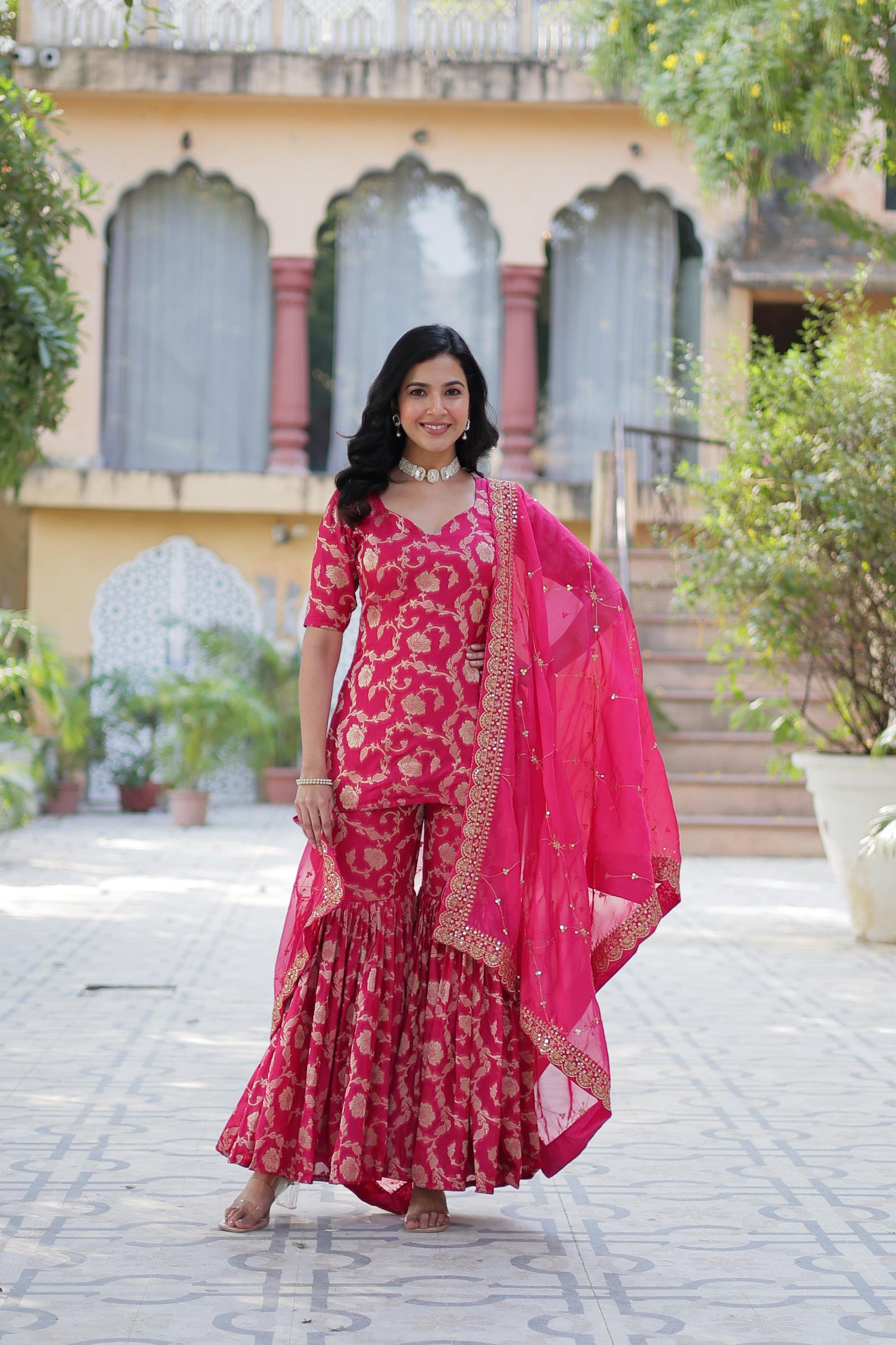 Rani Viscose Georgette Jacquard Gharara Suit With Dupatta
