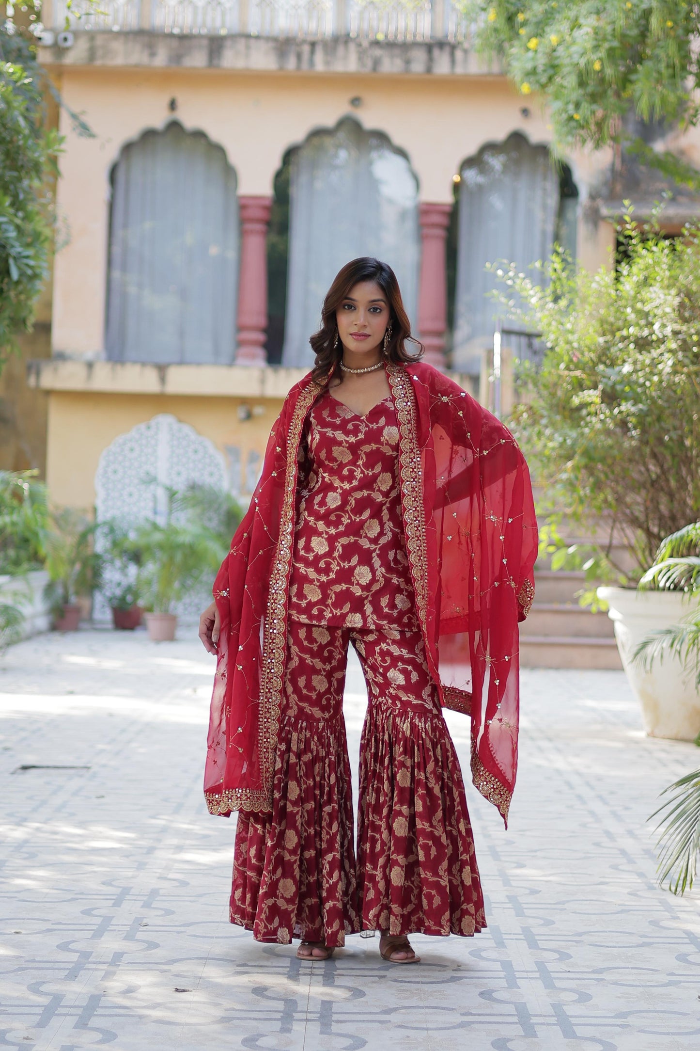 Rani Viscose Georgette Jacquard Gharara Suit With Dupatta
