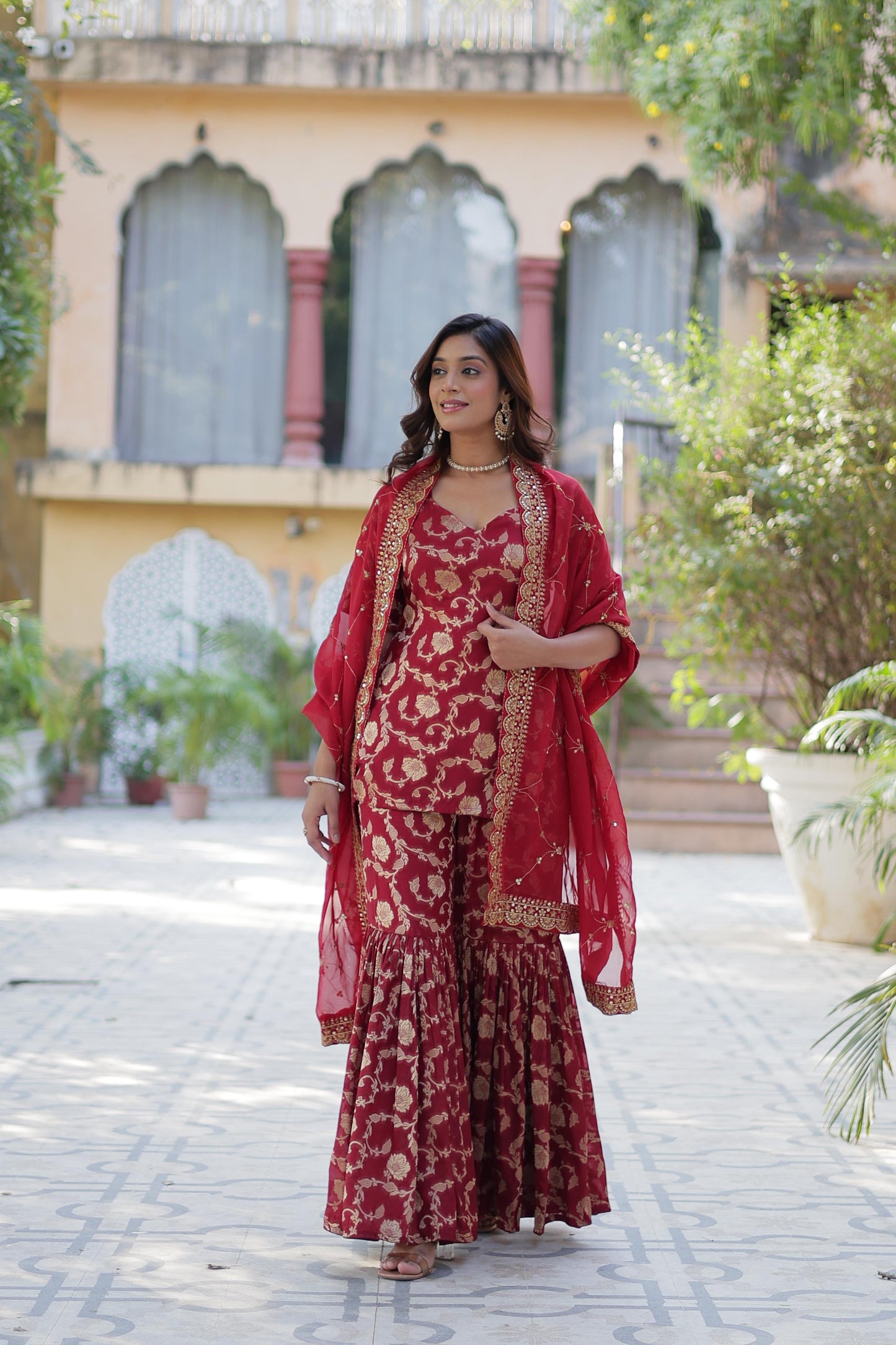 Rani Viscose Georgette Jacquard Gharara Suit With Dupatta