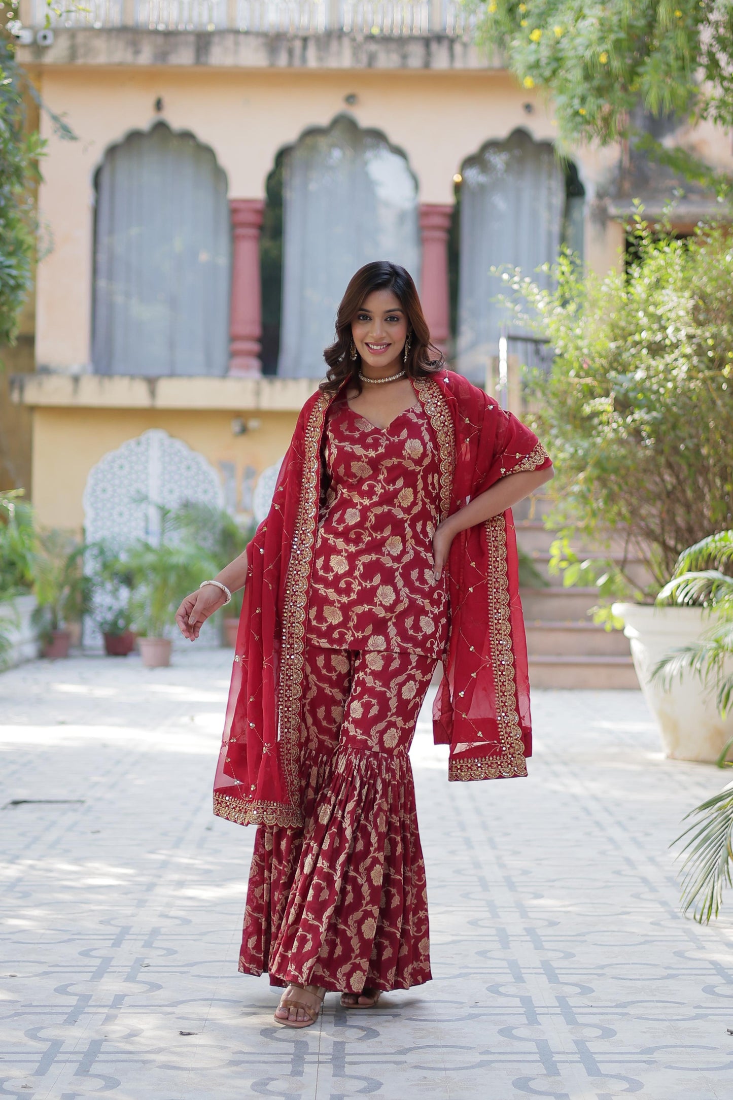 Rani Viscose Georgette Jacquard Gharara Suit With Dupatta