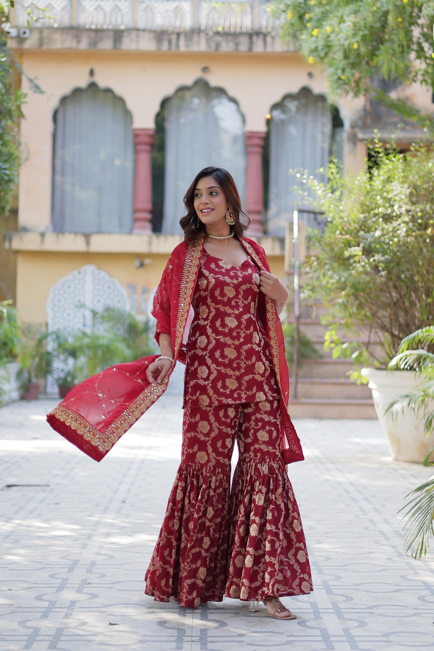 Rani Viscose Georgette Jacquard Gharara Suit With Dupatta