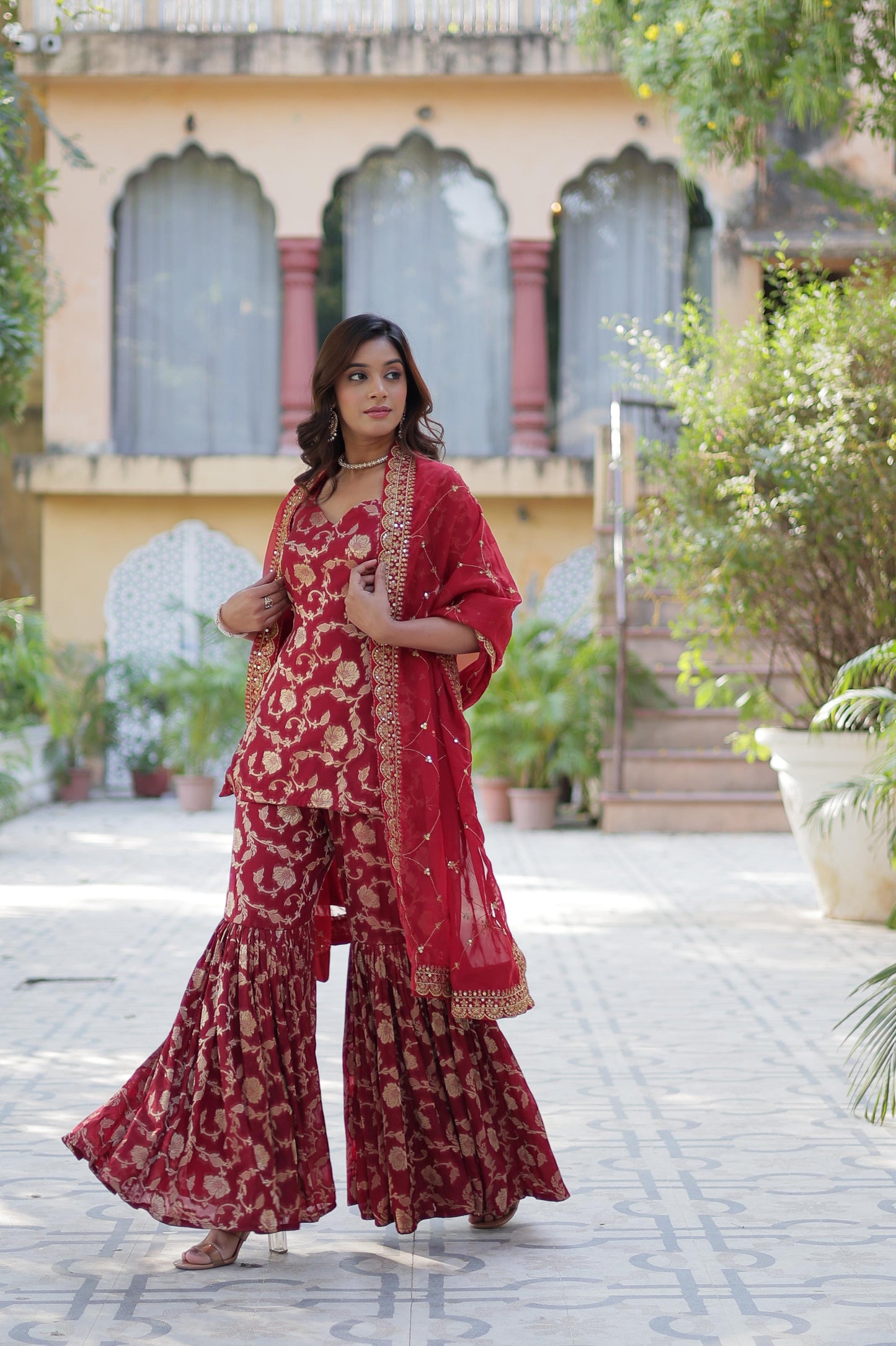 Rani Viscose Georgette Jacquard Gharara Suit With Dupatta