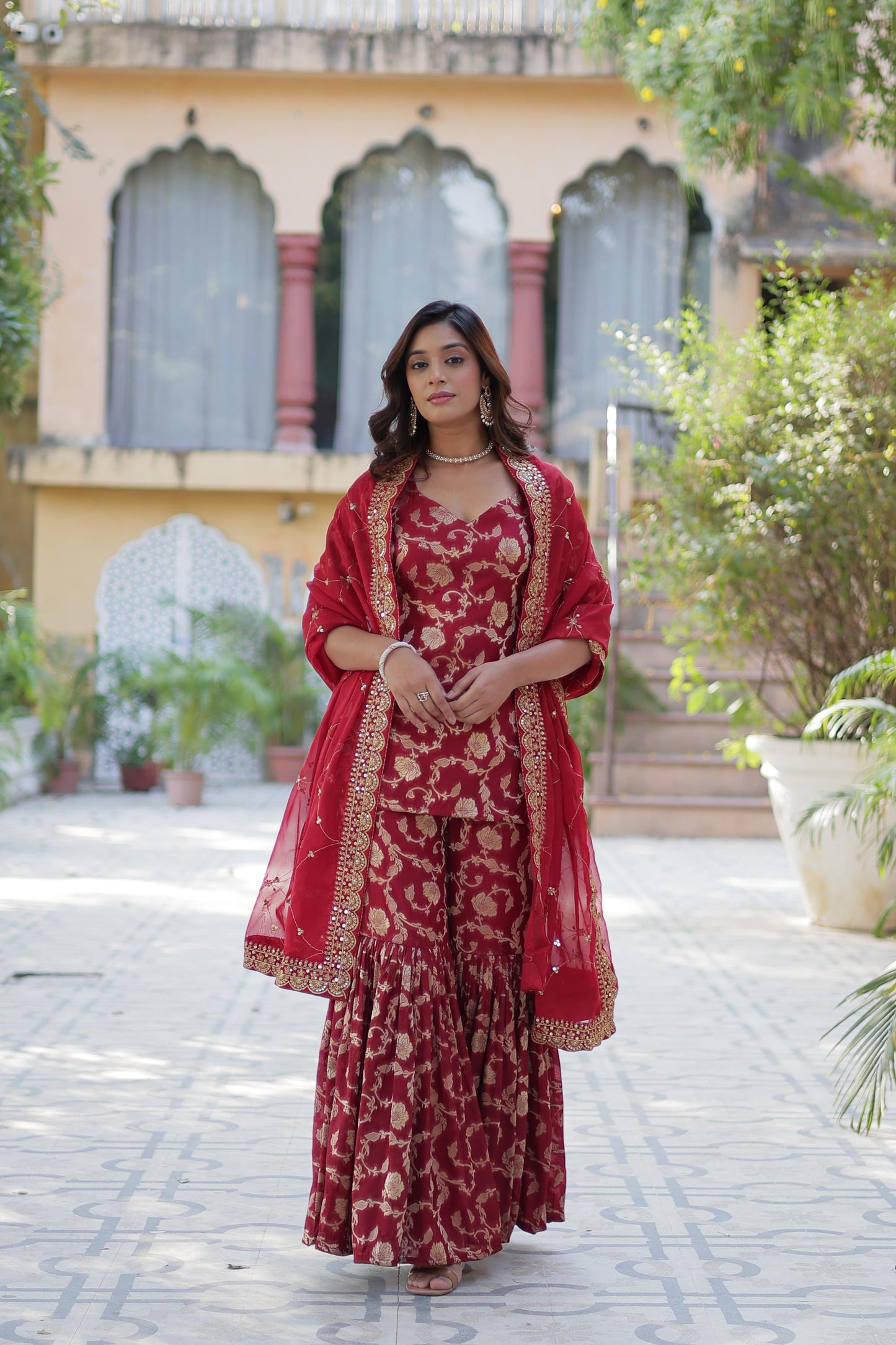 Rani Viscose Georgette Jacquard Gharara Suit With Dupatta