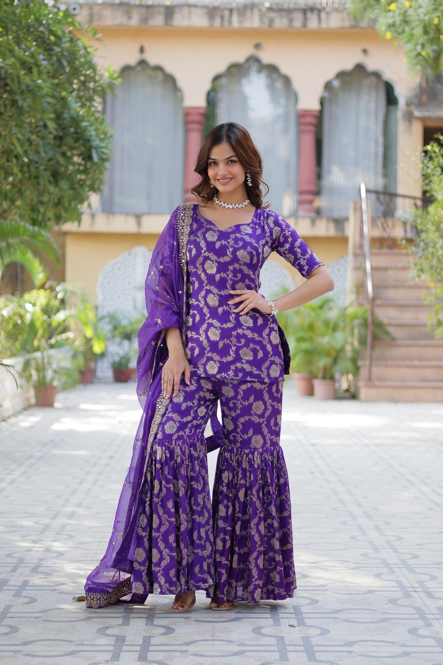 Rani Viscose Georgette Jacquard Gharara Suit With Dupatta