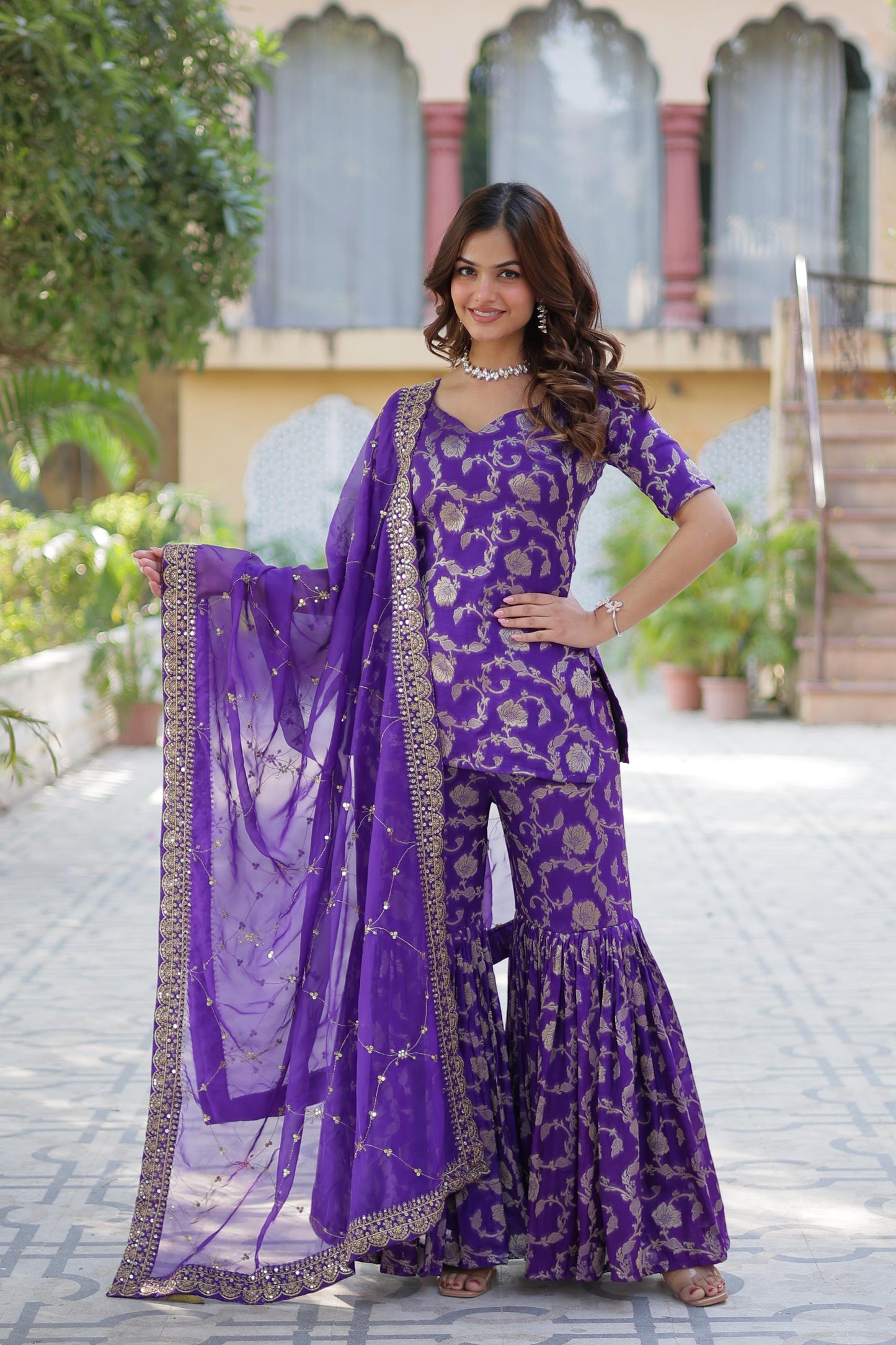 Rani Viscose Georgette Jacquard Gharara Suit With Dupatta