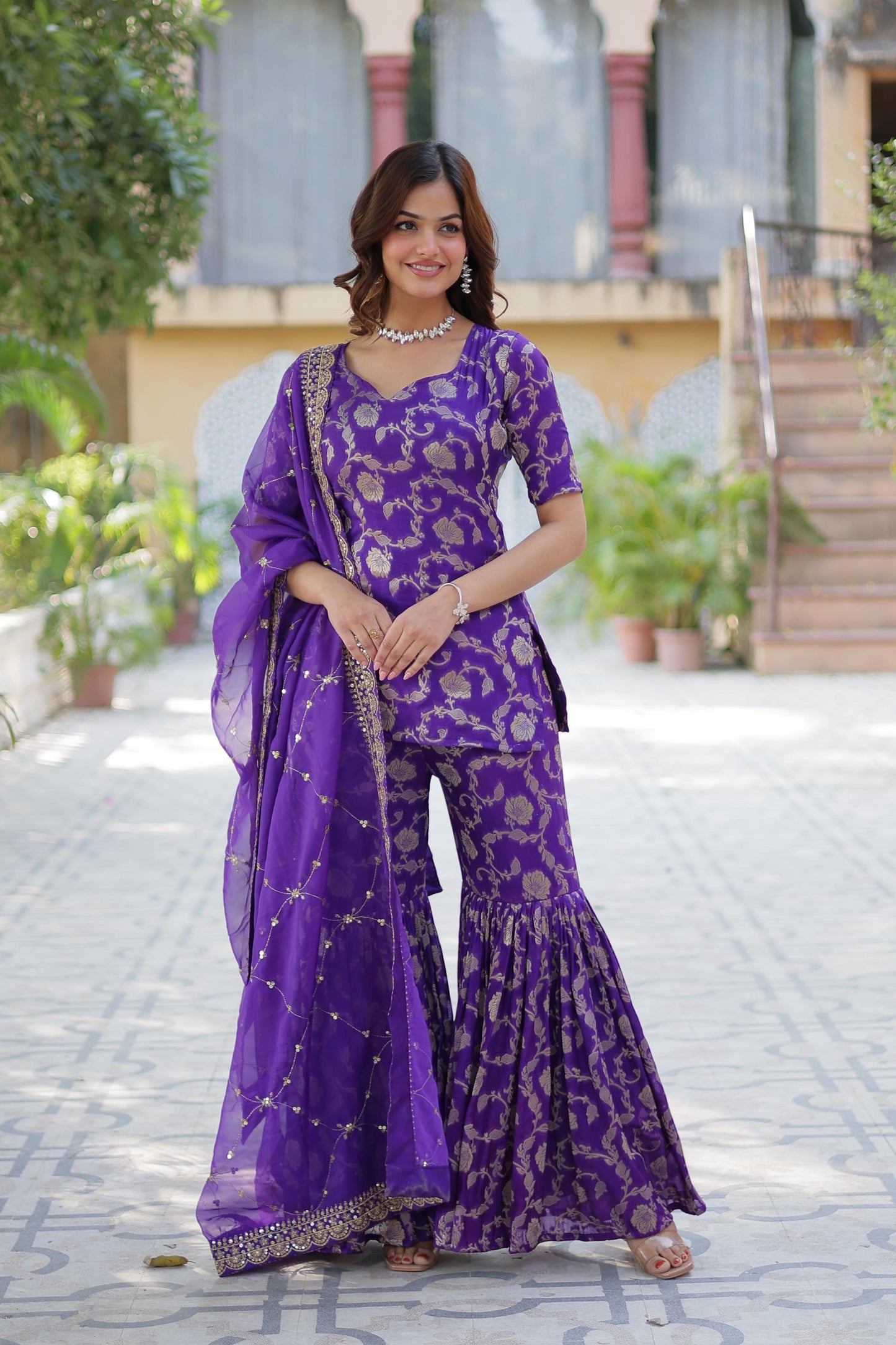 Rani Viscose Georgette Jacquard Gharara Suit With Dupatta