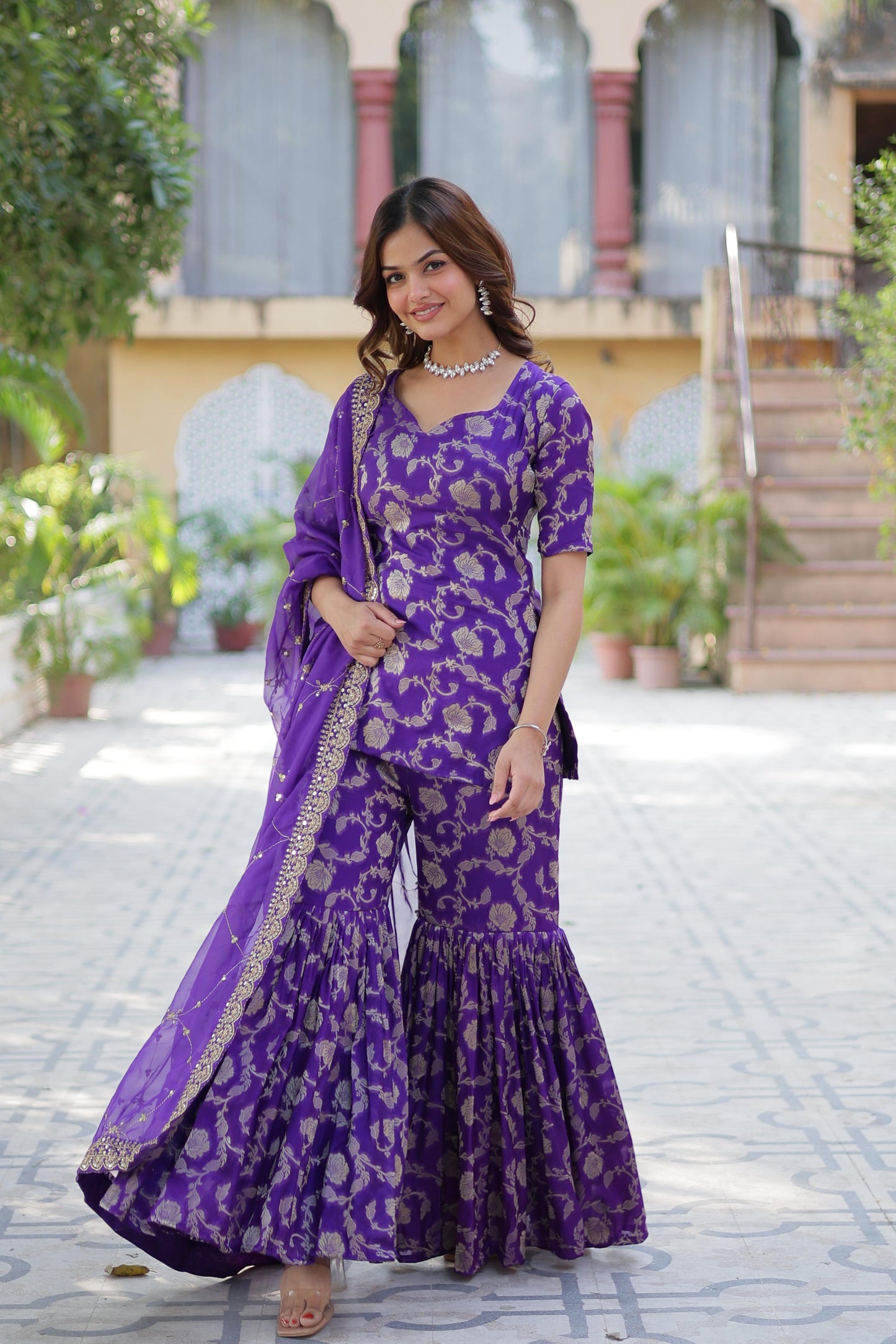 Rani Viscose Georgette Jacquard Gharara Suit With Dupatta