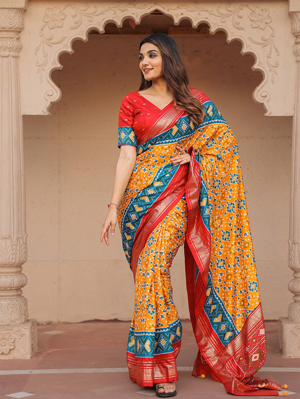 Yellow Dola Silk Patola with Foil Print Saree