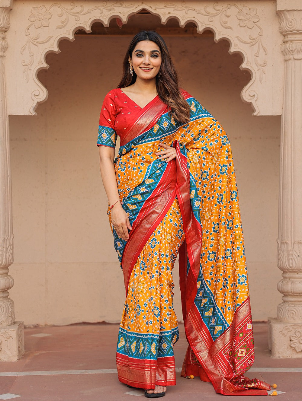 Yellow Dola Silk Patola with Foil Print Saree