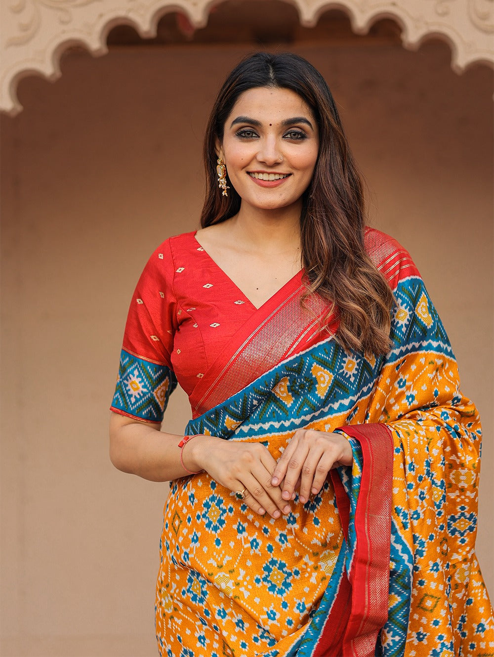 Yellow Dola Silk Patola with Foil Print Saree